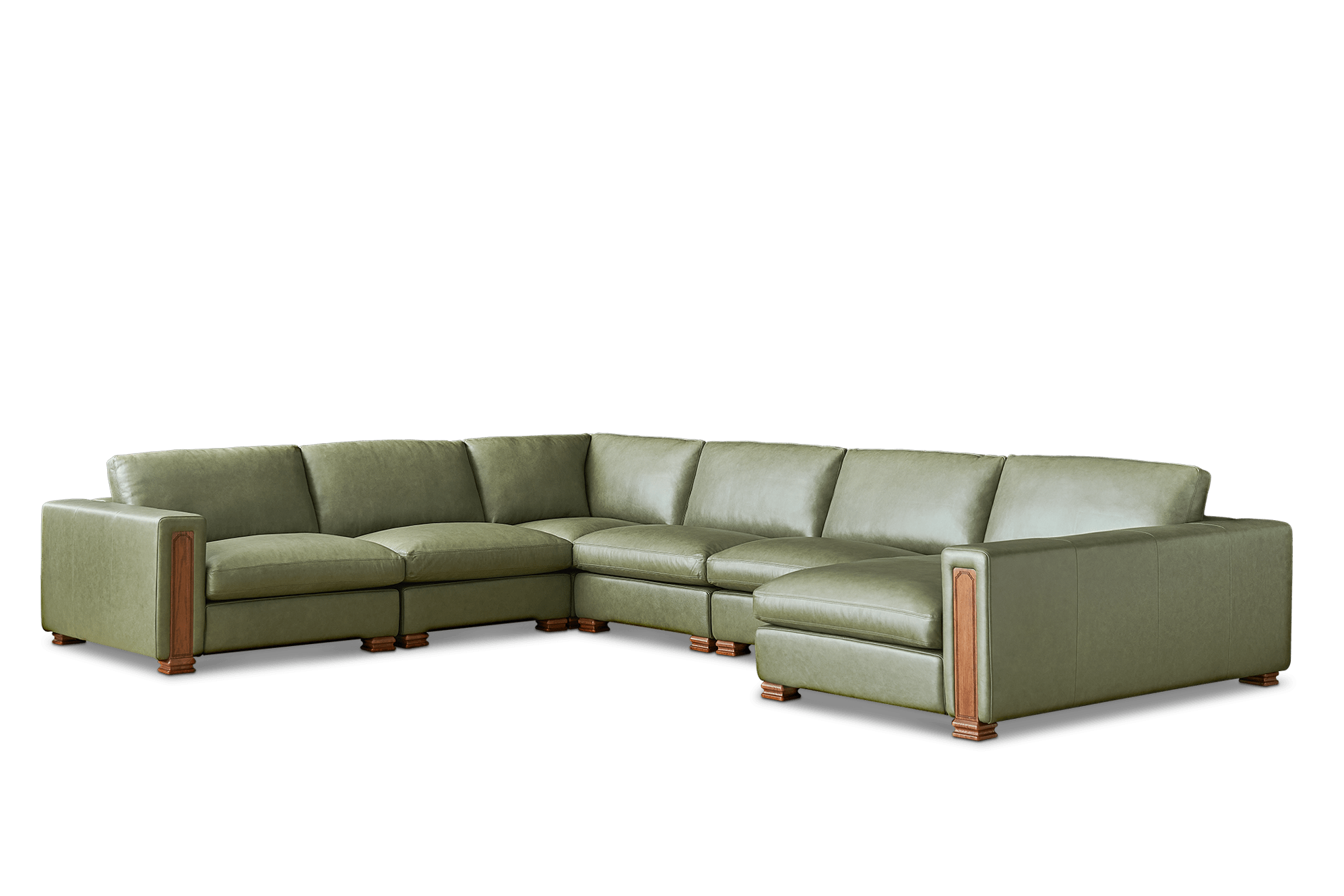 Tan France Kagan Leather 6-Piece L-Shaped Sofa with Right Chaise, (Lugano) Moss