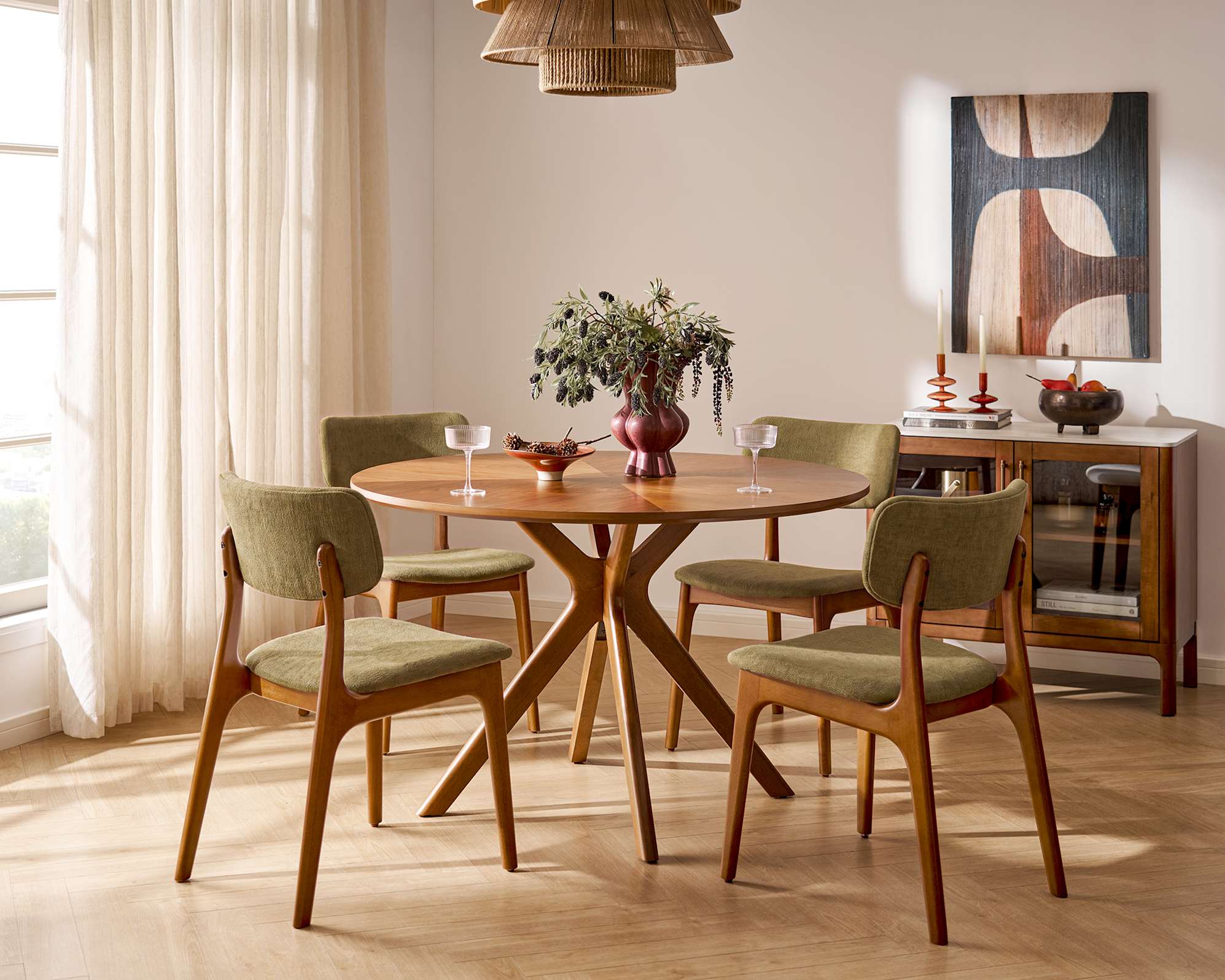 Brighton Round Dining Table 120cm with 4 Brighton Dining Chairs, (Performance Anderson) Olive (Dark Walnut) lifestyle