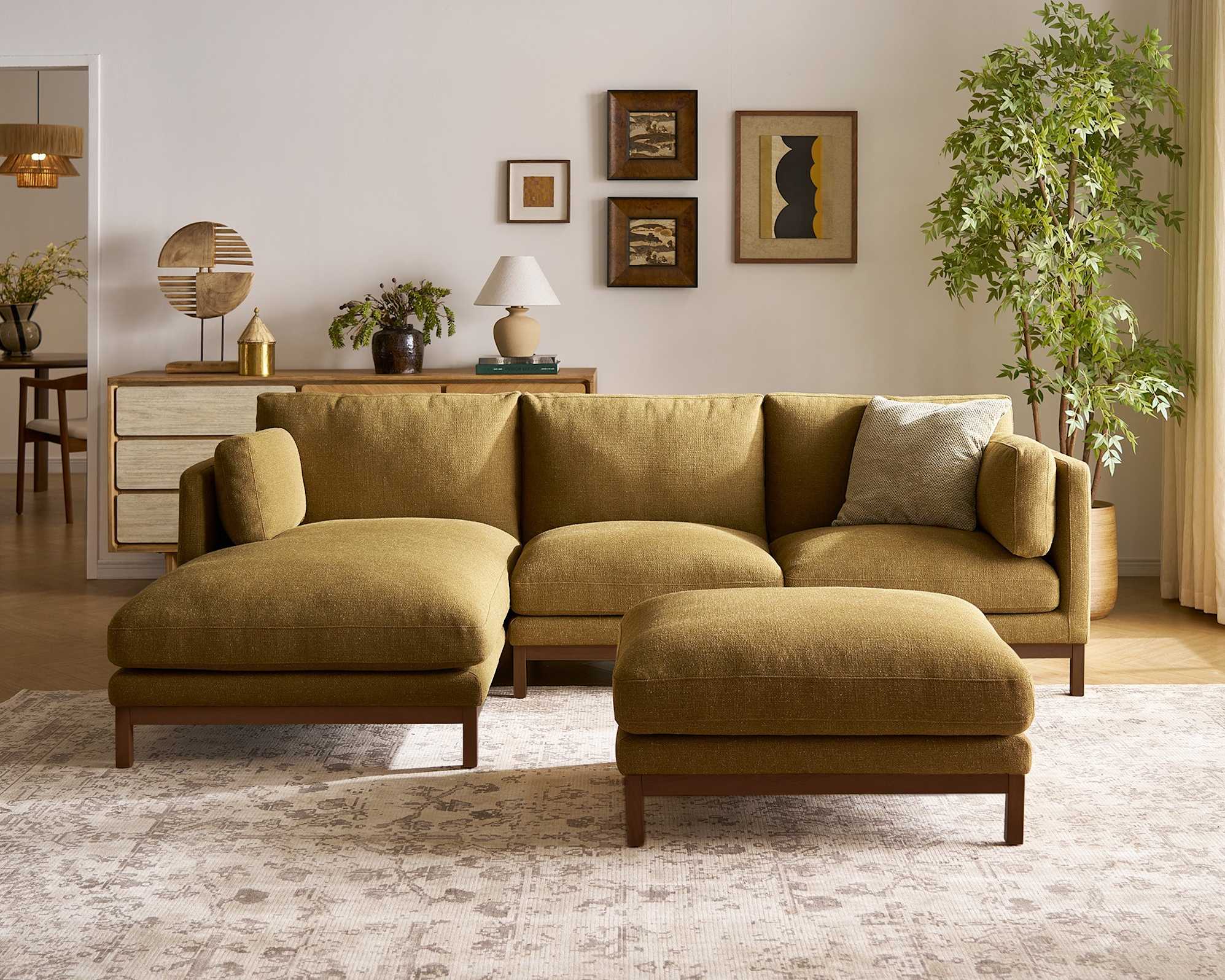 Owen II Left Chaise Sectional Sofa with Ottoman, (Basketweave) Caramel (Walnut Leg) lifestyle