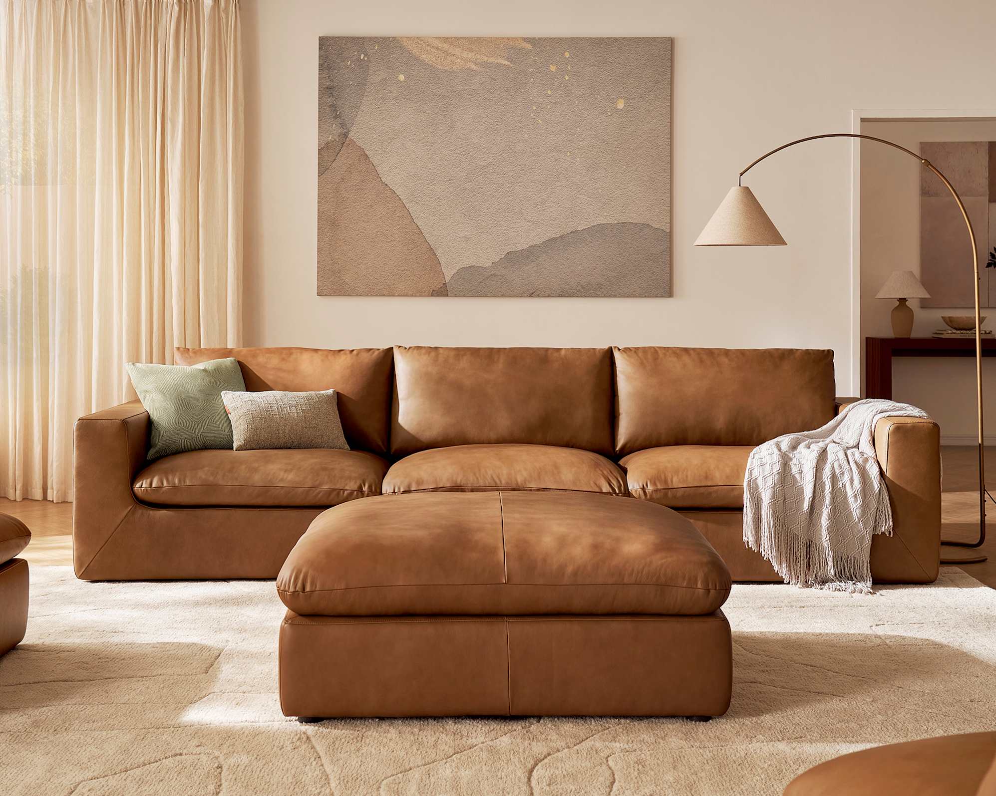Dawson Leather Extended Sofa with Large Storage Ottoman, (Duvane) Mocha lifestyle