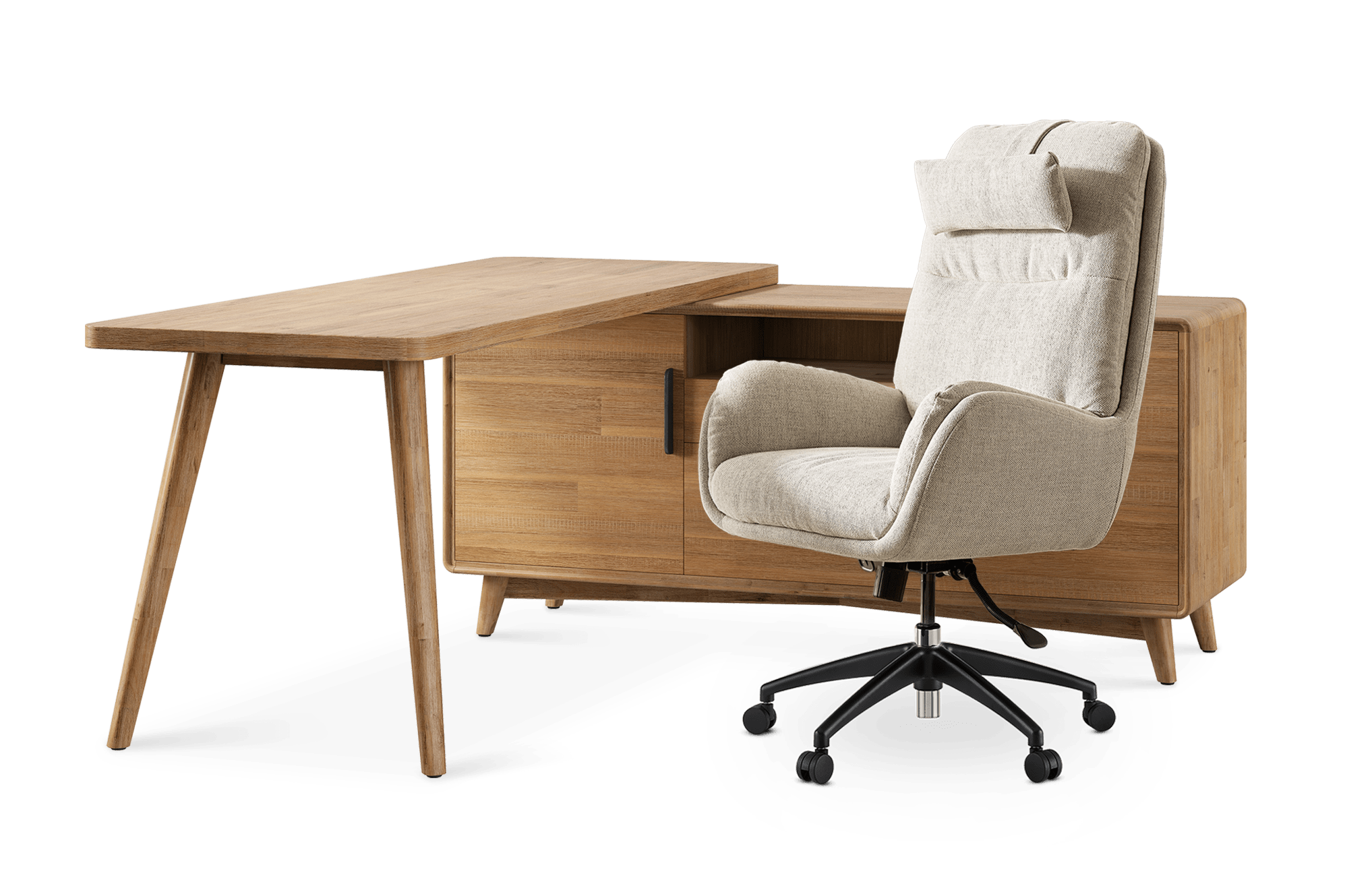 Seb L-Shaped Desk with Leon Office Chair, (Performance Twill) Light Grey (Matte Black)