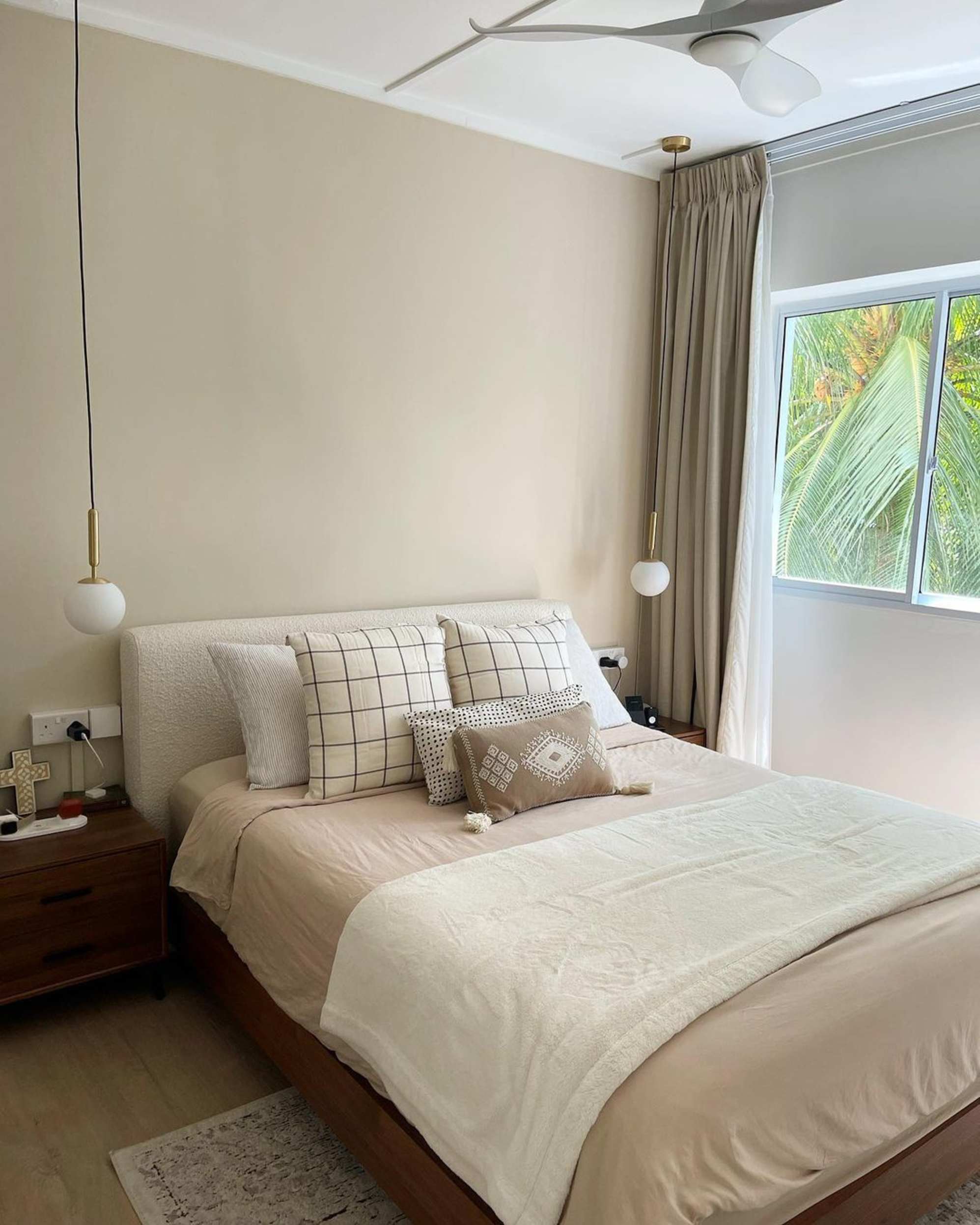 A bed with a performance fabric upholstery.