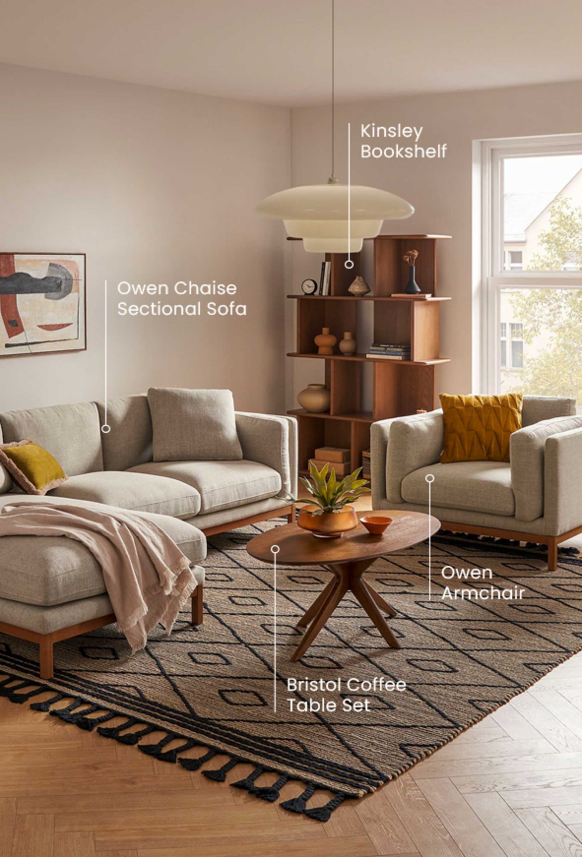 The Owen Chaise Sectional Sofa and Owen Armchair, paired with the Bristol Coffee Table Set and Kinsley Bookshelf in a cozy living room