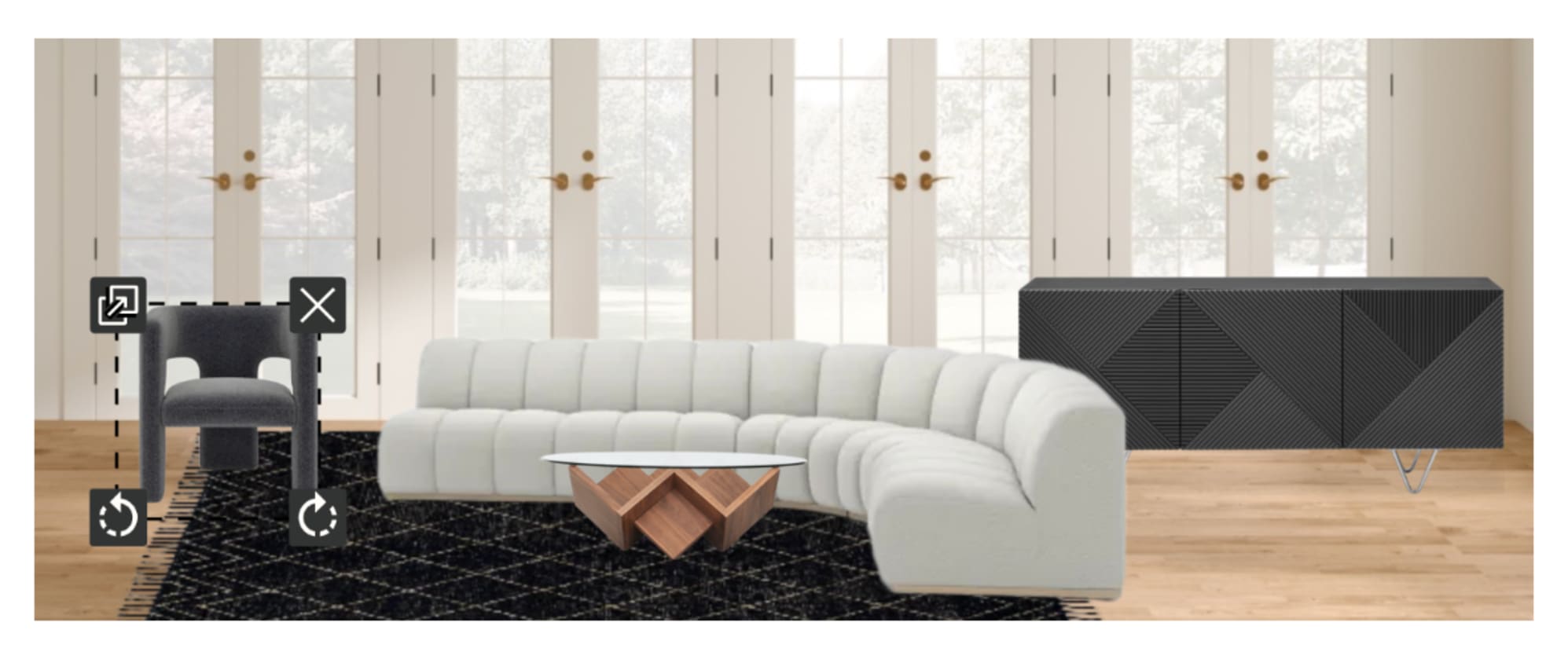 The Marlow Chaise Sectional Sofa and Paloma Bouclé Armchair, paired with the Cupid Coffee Table and Tate Sideboard, in Room Designer