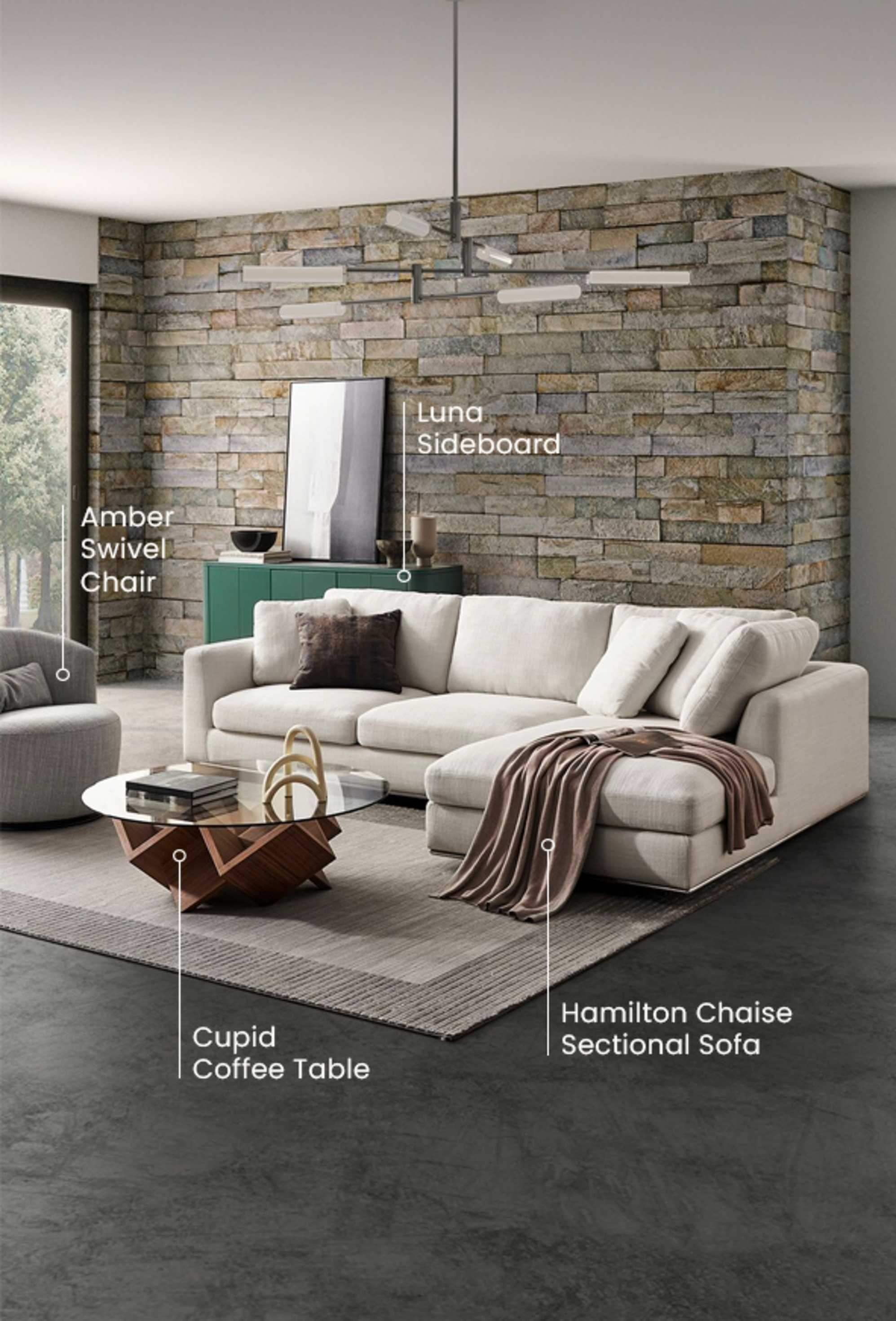 The Hamilton Chaise Sectional Sofa and Amber Swivel Chair, paired with the Cupid Coffee Table and Luna Sideboard in a clean and modern living room