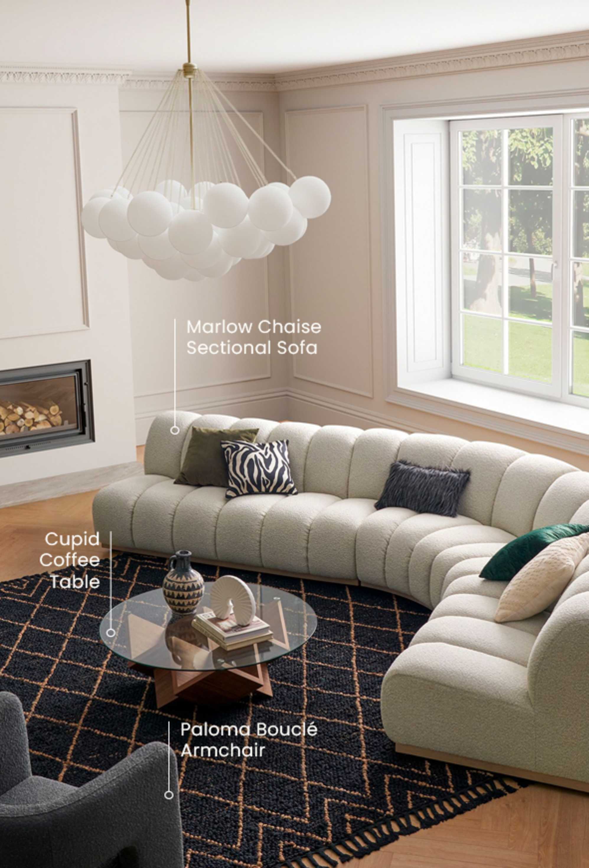 The Marlow Chaise Sectional Sofa and Paloma Bouclé Armchair, paired with the Cupid Coffee Table and Tate Sideboard in a cozy and modern living room