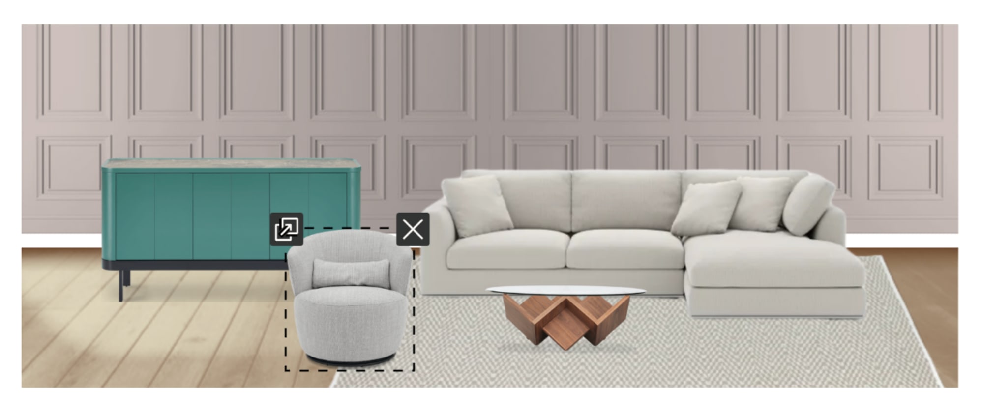The Hamilton Chaise Sectional Sofa and Amber Swivel Chair, paired with the Cupid Coffee Table and Luna Sideboard, in Room Designer