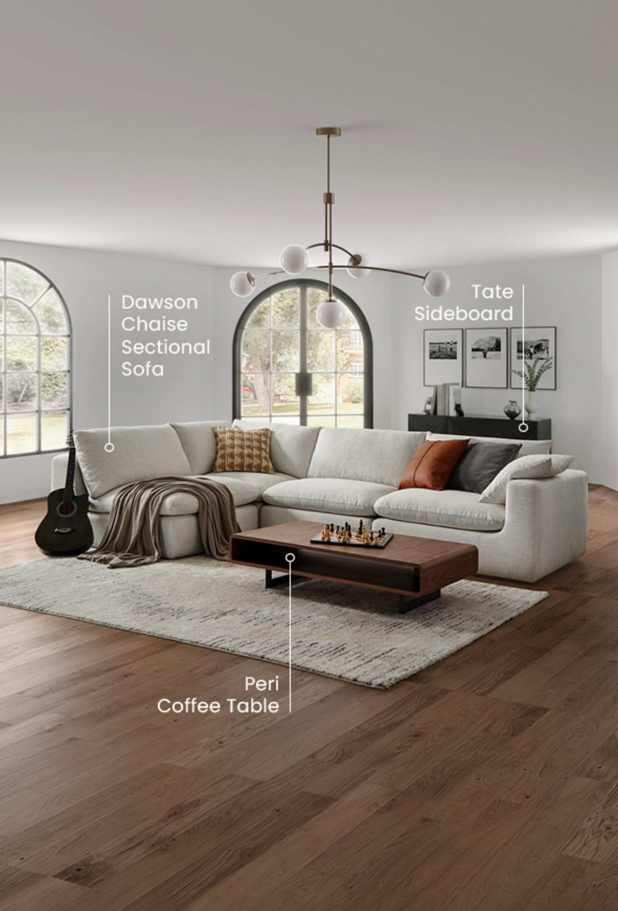 The Dawson Chaise Sectional Sofa paired with the Peri Coffee Table and Tate Sideboard in a modern, timeless living room