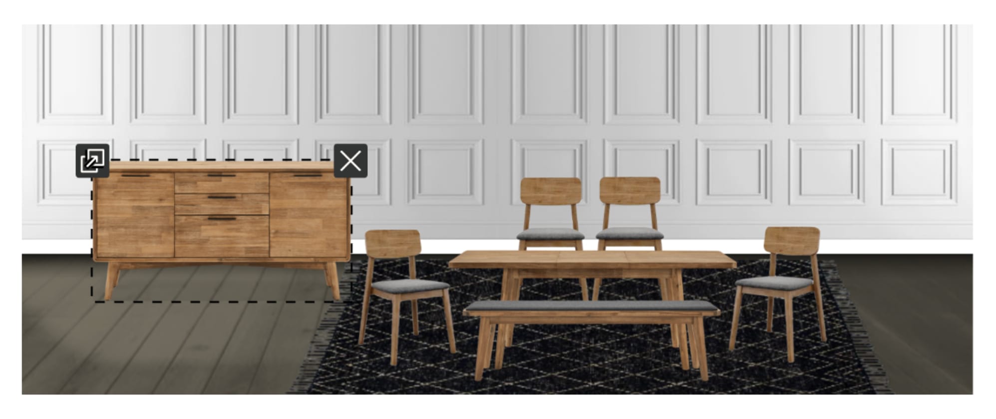 The Seb Extendable Dining Table Set paired with the Seb Sideboard, in Room Designer