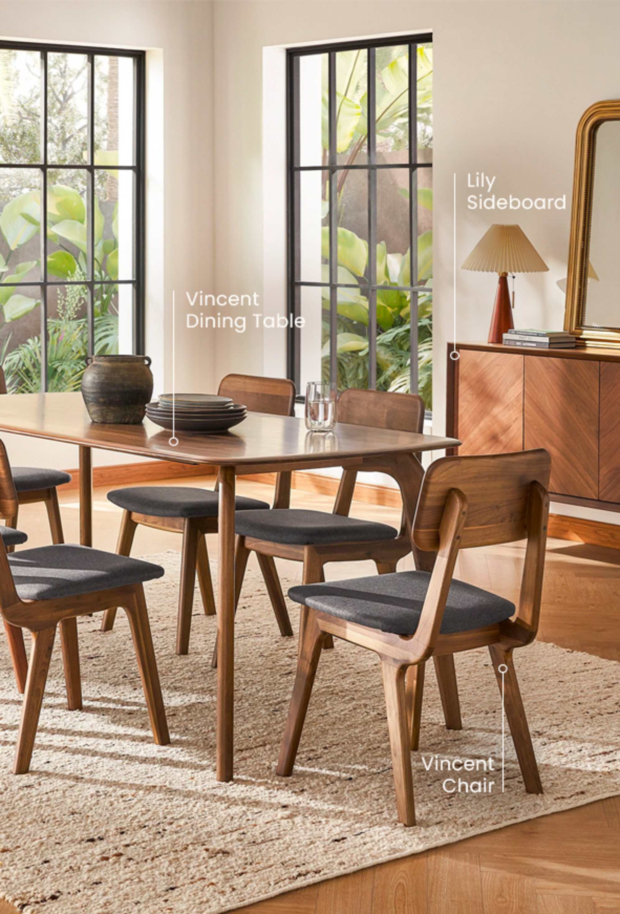 The Vincent Dining Table Set paired with the Lily Sideboard, in a sunlit, cozy dining room