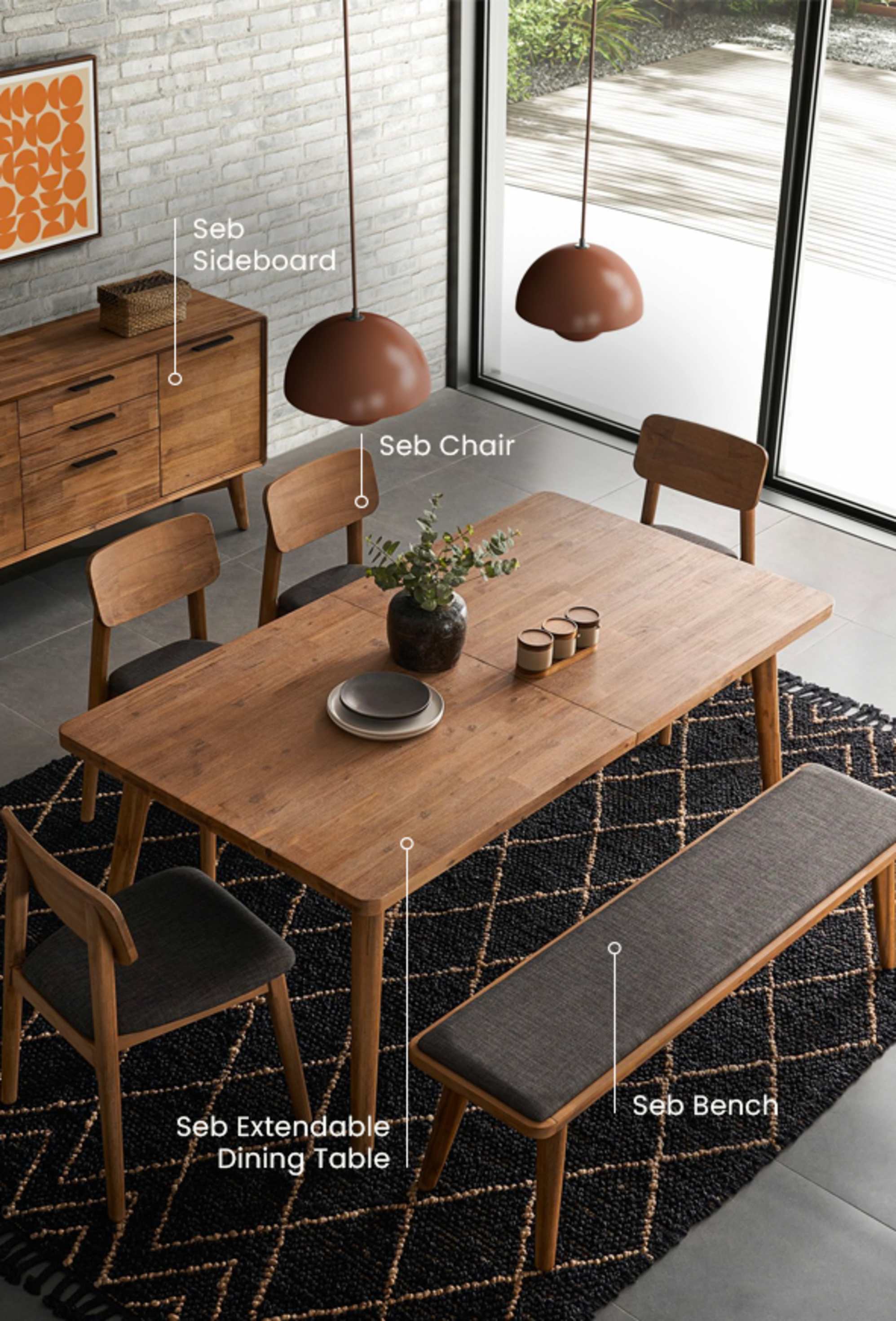 The Seb Extendable Dining Table Set paired with the Seb Sideboard, in a modern rustic dining room