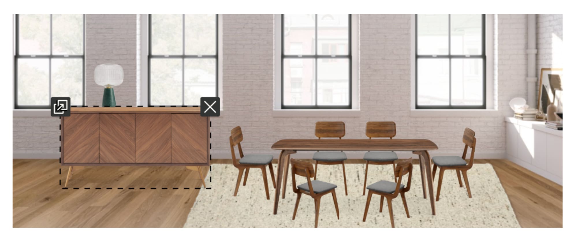 The Vincent Dining Table Set paired with the Lily Sideboard, in Room Designer