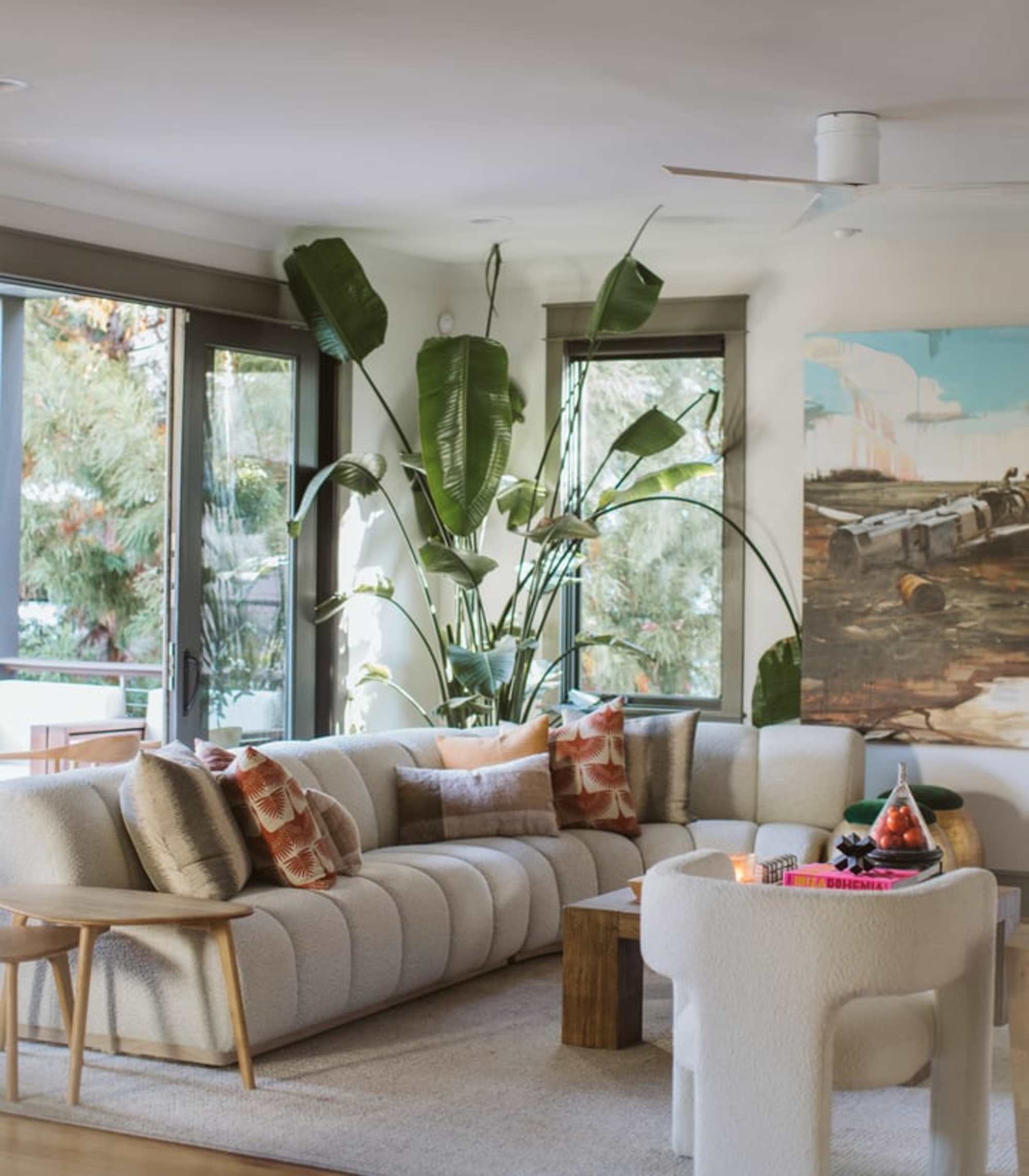 A large leafy plant placed behind a curved bouclé chaise sectional sofa.