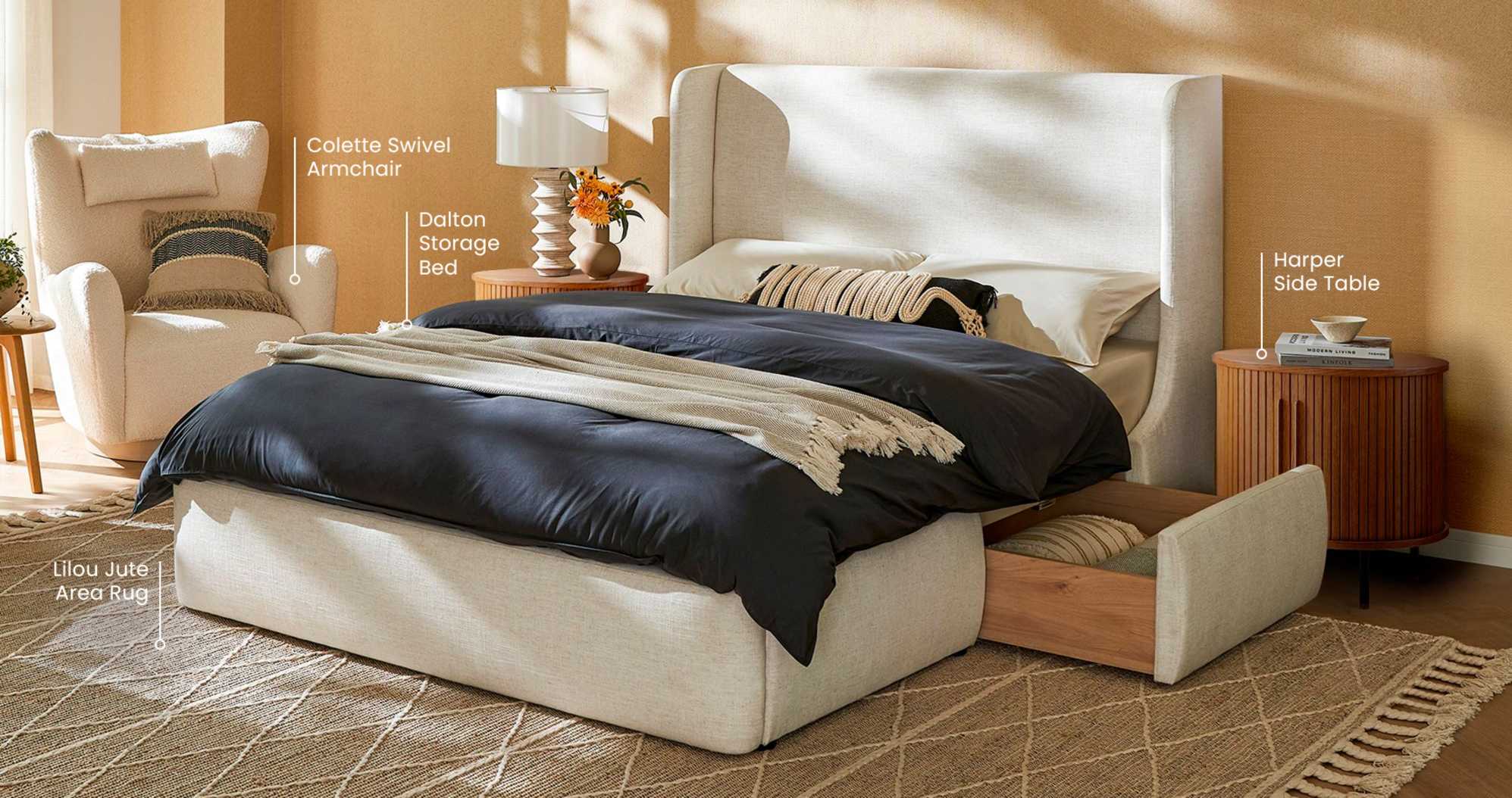 The Dalton Storage Bed and Harper Side Tables, paired with the Colette Swivel Armchair and Lilou Jute Area Rug, in a cozy sunlit bedroom