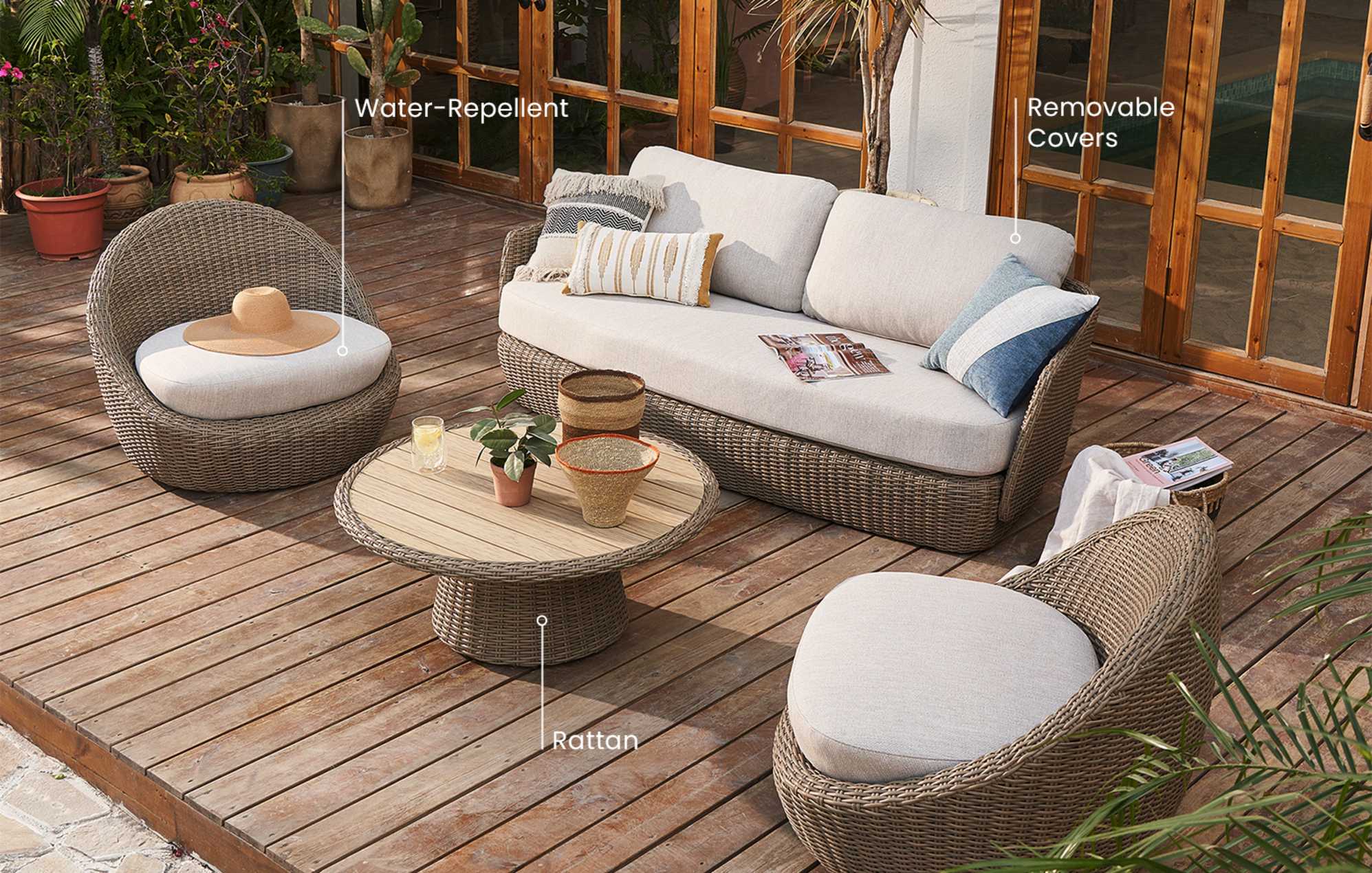 The Malta Outdoor Build-Your-Own Lounge Set with text bubbles that say water-repellent, rattan, and removable covers