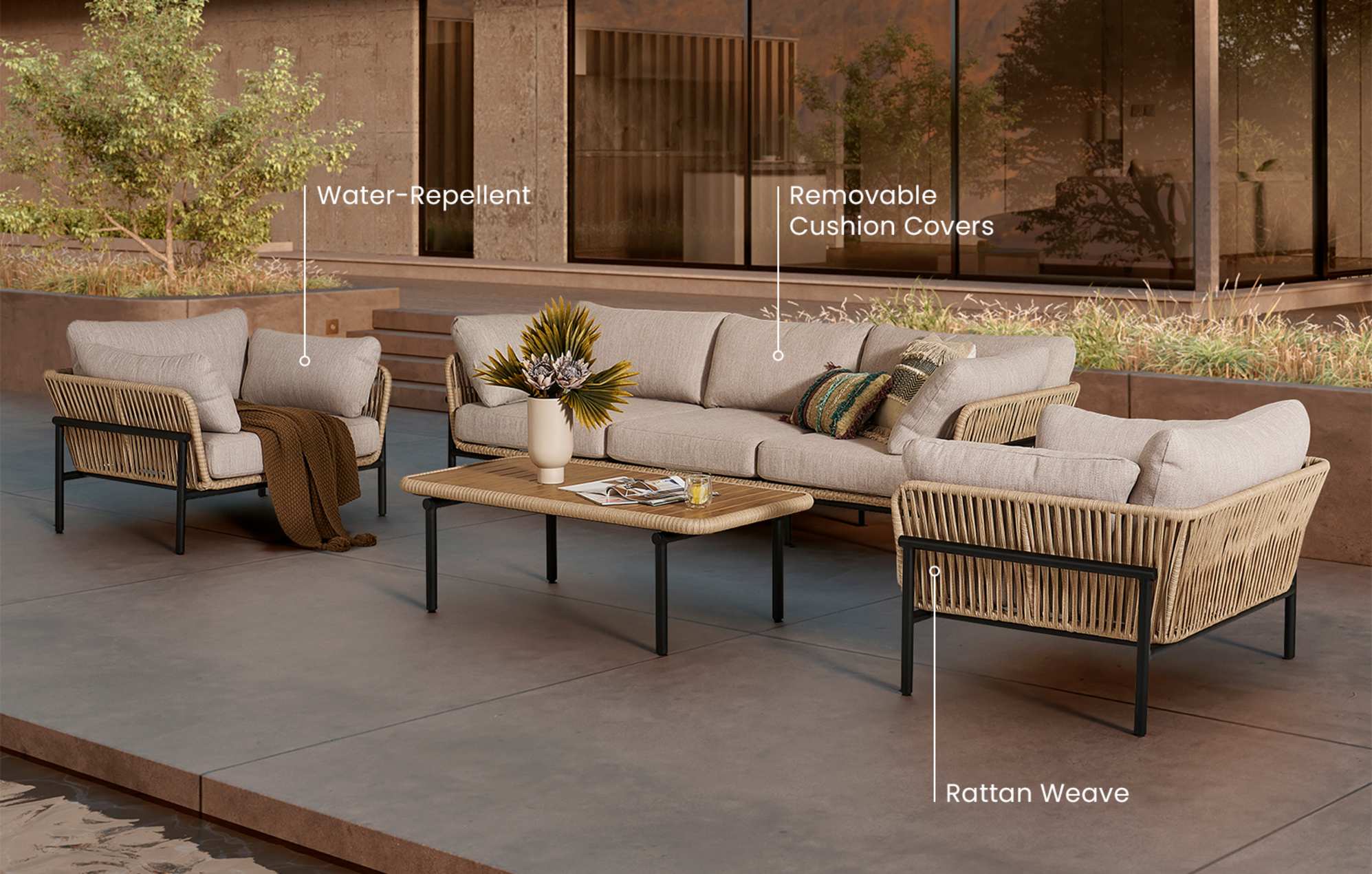 The Sierra Outdoor Sofa Set with text bubbles that say removable cushion covers, rattan weave, and water-repellent