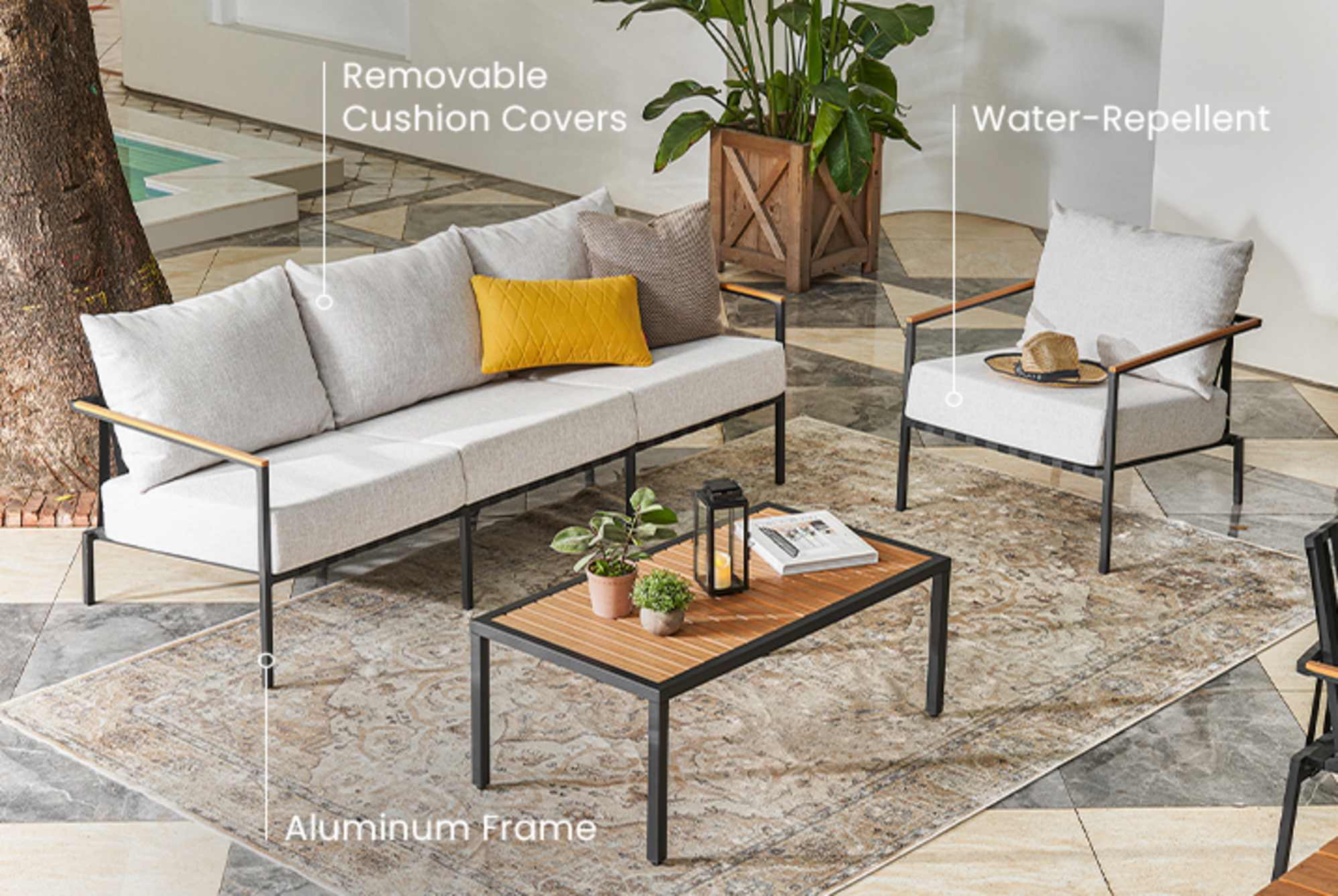 The Sorrento Outdoor Sectional Sofa with text that say water-repellent, removable cushion covers, and aluminum frame