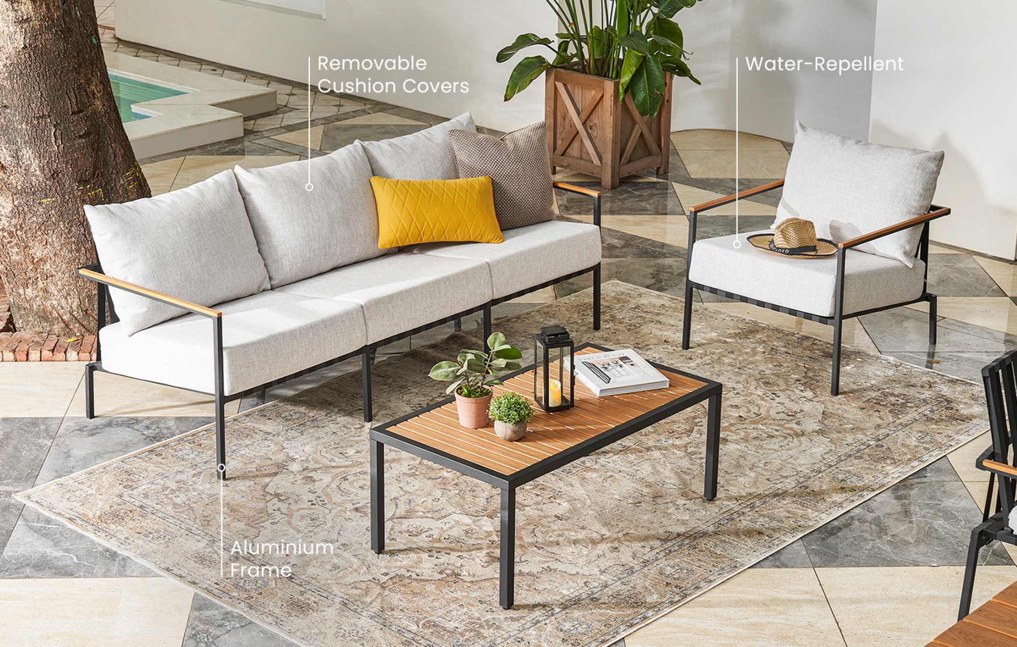 The Sorrento Outdoor Sectional Sofa with text that say water-repellent, removable cushion covers, and aluminum frame