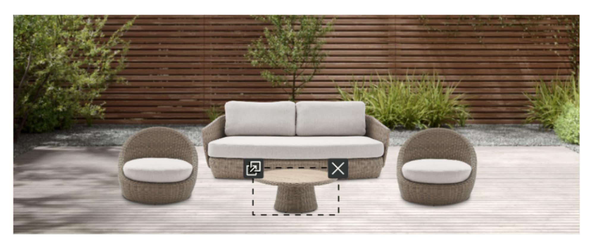 An image of the Malta Outdoor Build-Your-Own Lounge Set in a patio created by the Room Designer website