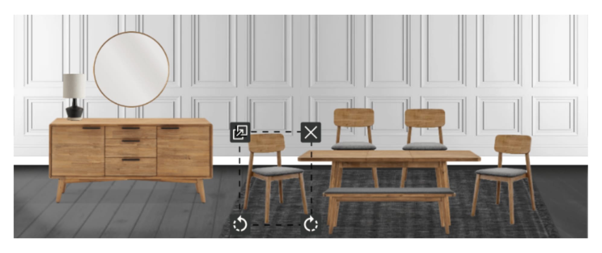 The Seb Extendable Dining Table and Seb Sideboard on Monet Wool Area Rug, paired with Seb Chairs, Seb Bench, Nadia Ceramic Table Lamp, and Aria Wall Mirror, in Room Designer