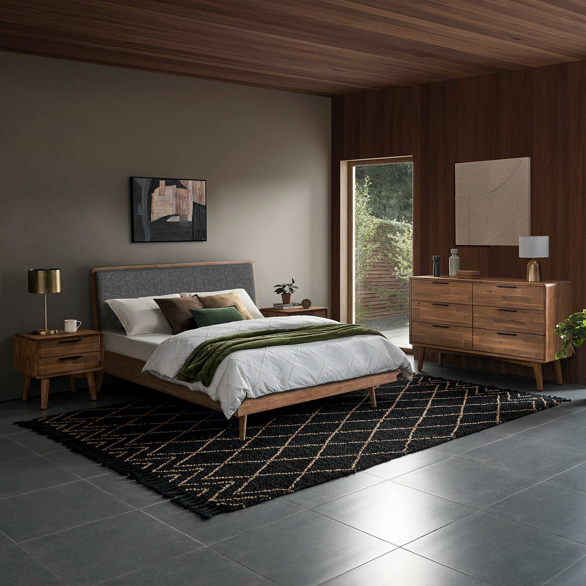The Seb Bed and Seb Nightstands, paired with the Seb 6-Drawer Dresser and Odessa Jute Area Rug, in a modern rustic bedroom