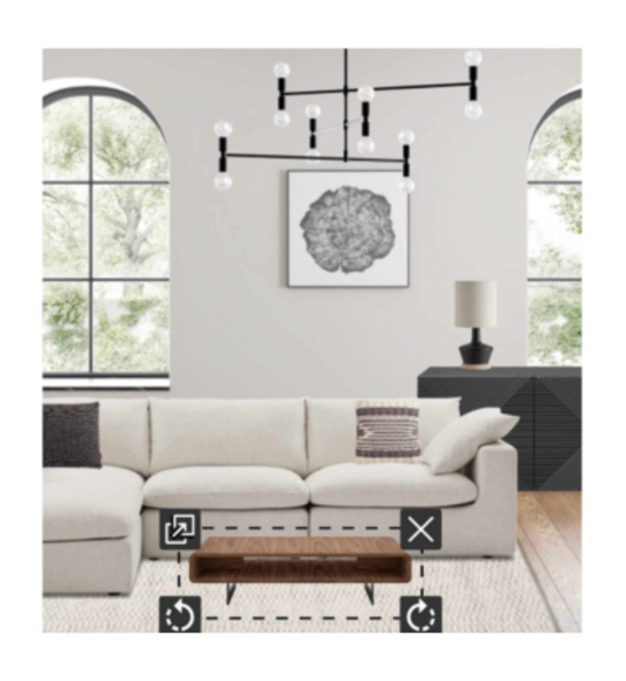 The Dawson Chaise Sectional Sofa paired with the Peri Coffee Table and Tate Sideboard on Inez Wool Area Rug, with Karo Tripod Floor Lamp and Blanc Arched Table Lamp, in Room Designer