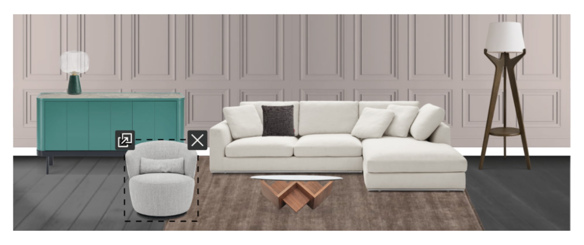 The Hamilton Chaise Sectional Sofa and Amber Swivel Chair on Cora Wool Area Rug, paired with the Cupid Coffee Table, Luna Sideboard, Karo Tripod Floor Lamp, and Burgeon Marble Table Lamp in Room Designer