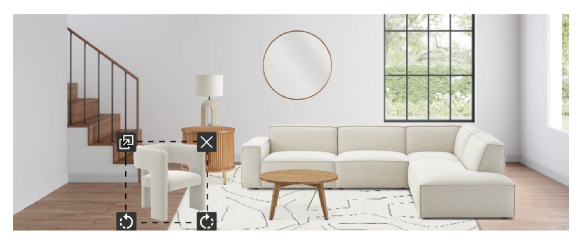 The Jonathan Extended Side Chaise Sectional Sofa on Mira Wool Area Rug, paired with the Paloma Bouclé Armchair, Seb Round Coffee Table and Harper Side Table, with Blanc Arched Table Lamp and Aria Wall Mirror, in Room Designer