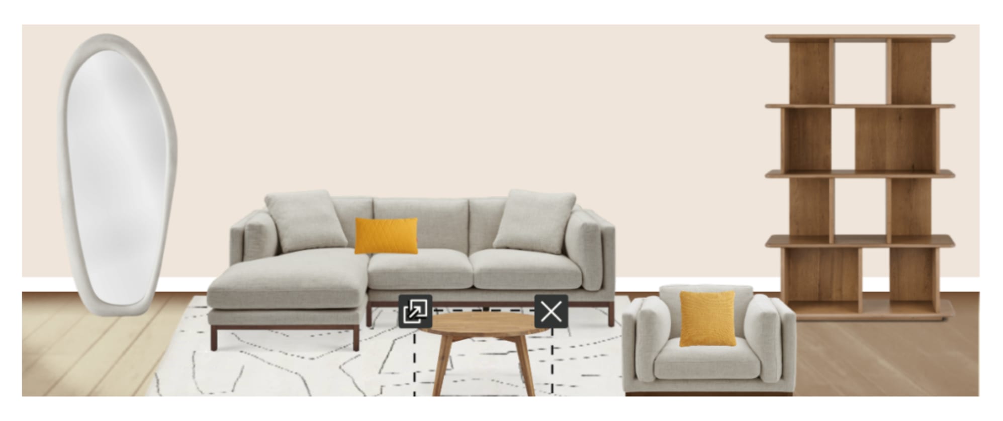 The Owen Chaise Sectional Sofa and Owen Armchair, paired with the Seb Coffee Table, Kinsley Bookshelf, Mira Area Rug, and Luna Mirror in Room Designer