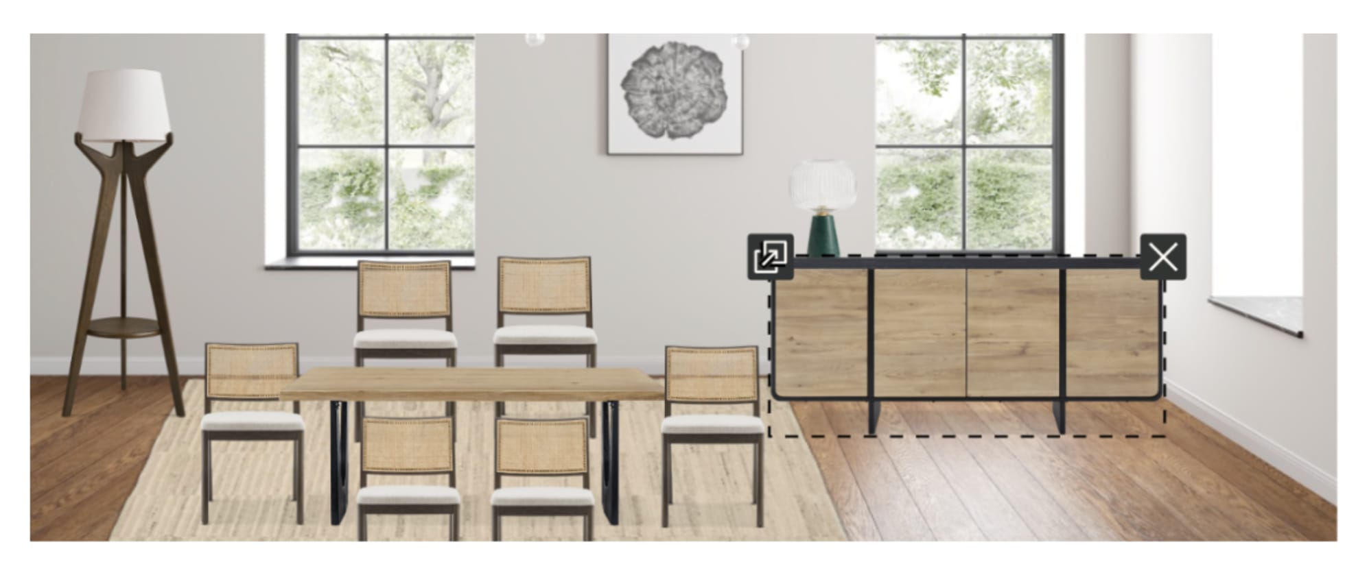 The Sawyer Dining Table and Sloane Cane Chairs on Talia Wool Area Rug, paired with the Sawyer Sideboard, Karo Tripod Floor Lamp, and Burgeon Marble Table Lamp, in Room Designer