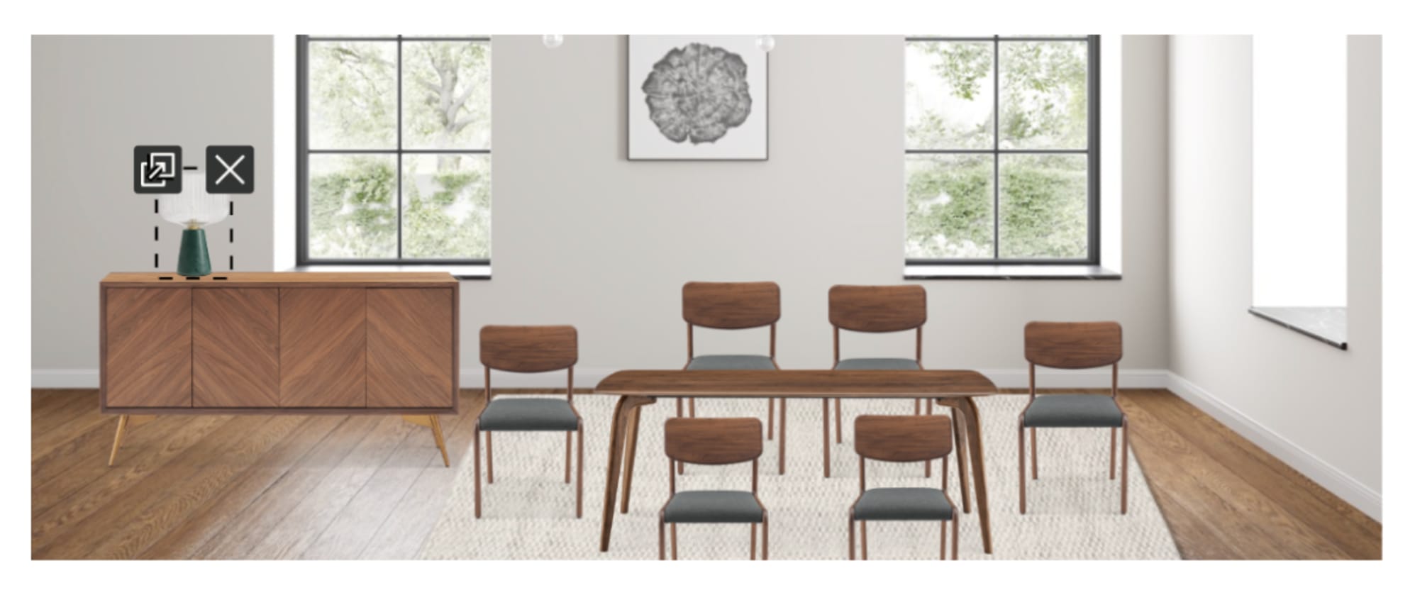 The Vincent Dining Table and Vincent Chairs on Inez Wool Area Rug, paired with the Lily Sideboard and Burgeon Marble Table Lamp, in Room Designer