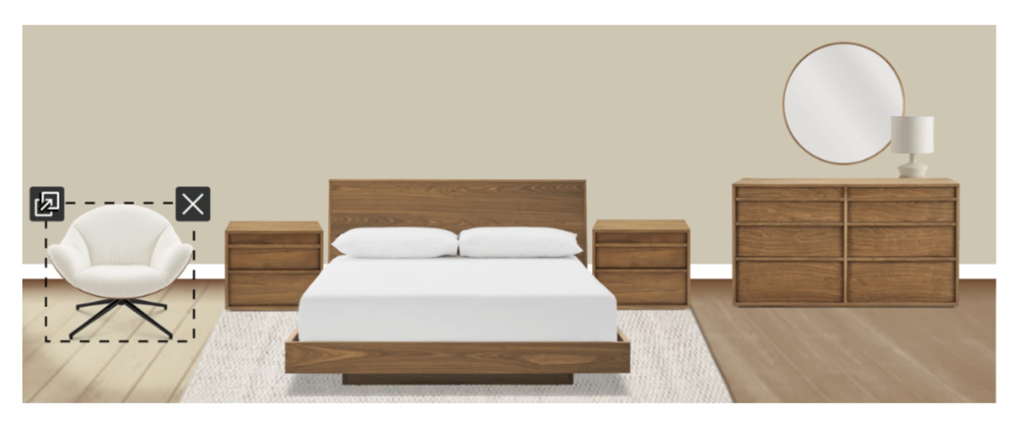 The Joseph Bed and Joseph Nightstand on Inez Wool Area Rug, paired with the Joseph 6-Drawer Dresser, Arden Armchair, Nadia Ceramic Table Lamp, and  Aria Round Wall Mirror, in Room Designer