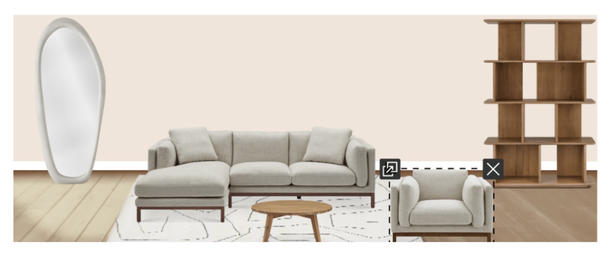 The Owen Chaise Sectional Sofa and Owen Armchair, paired with the Seb Coffee Table, Kinsley Bookshelf, Mira Area Rug, and Luna Mirror in Room Designer