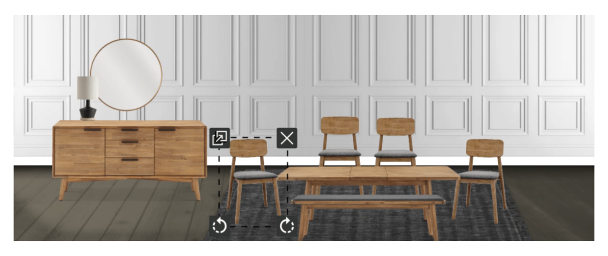 The Seb Extendable Dining Table and Seb Sideboard on Monet Wool Area Rug, paired with Seb Chairs, Seb Bench, Nadia Ceramic Table Lamp, and Aria Wall Mirror, in Room Designer