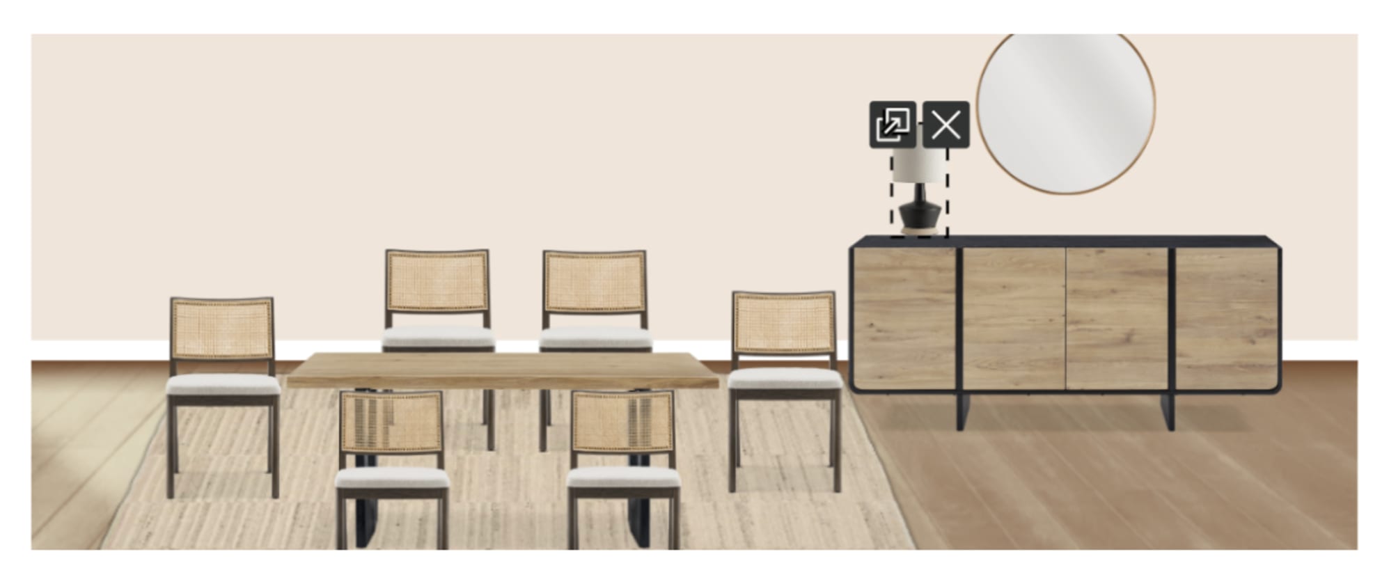 The Sawyer Dining Table and Sloane Cane Chairs on Talia Wool Area Rug, paired with the Sawyer Sideboard, Nadia Ceramic Table Lamp, and Aria Round Wall Mirror, in Room Designer