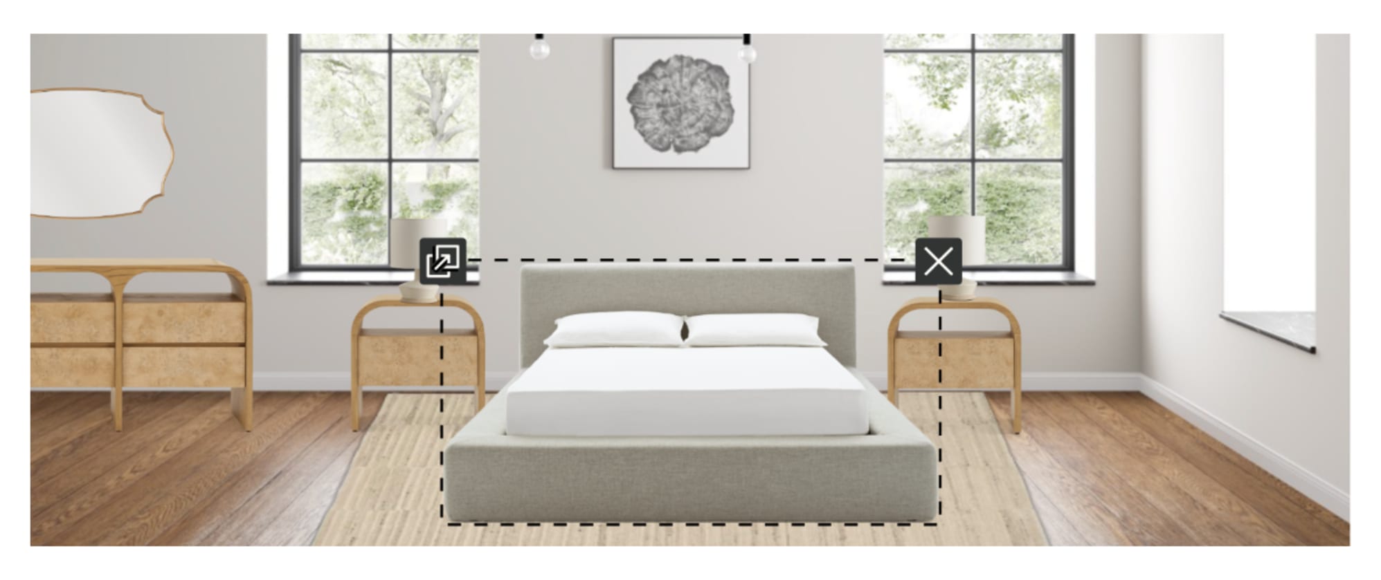 The Dawson Storage Bed in Seagull on Talia Wool Area Rug, paired with the Crescent 1-Drawer Bedside Table, Crescent 6-Drawer Dresser, Aria Wall Mirror, and Nadia Ceramic Table Lamp, in Room Designer.