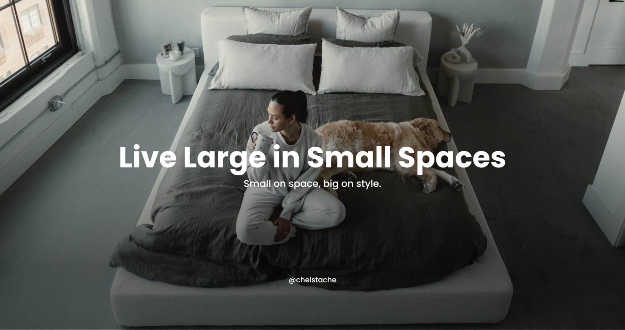 A woman and her dog sitting on Dawson Bed in a modern, compact apartment room. Photo credit: @chelstache