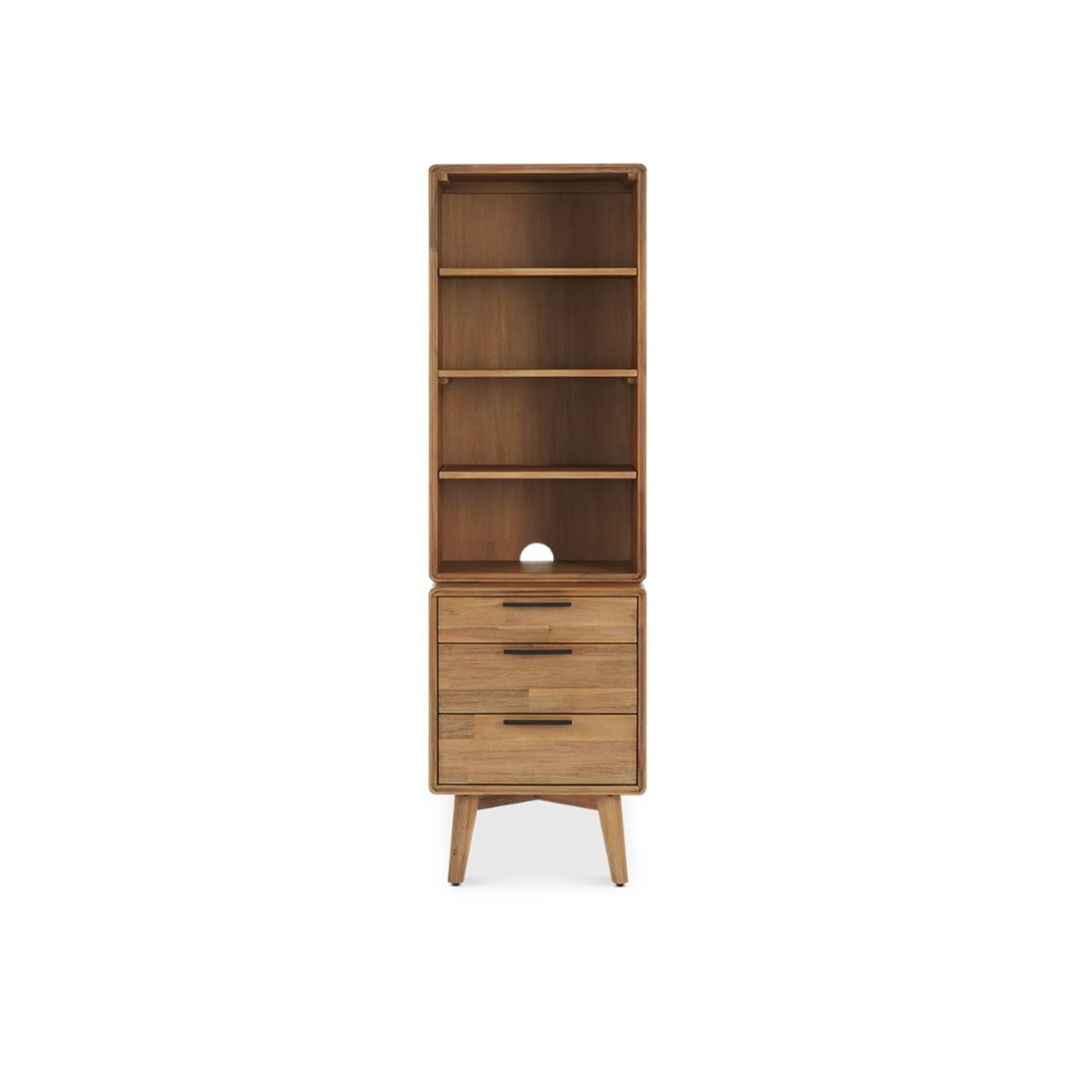 Seb Side Console with Hutch made of solid acacia wood, featuring a muted honey tone with a wire-brush distressed finish and black powder-coated handles