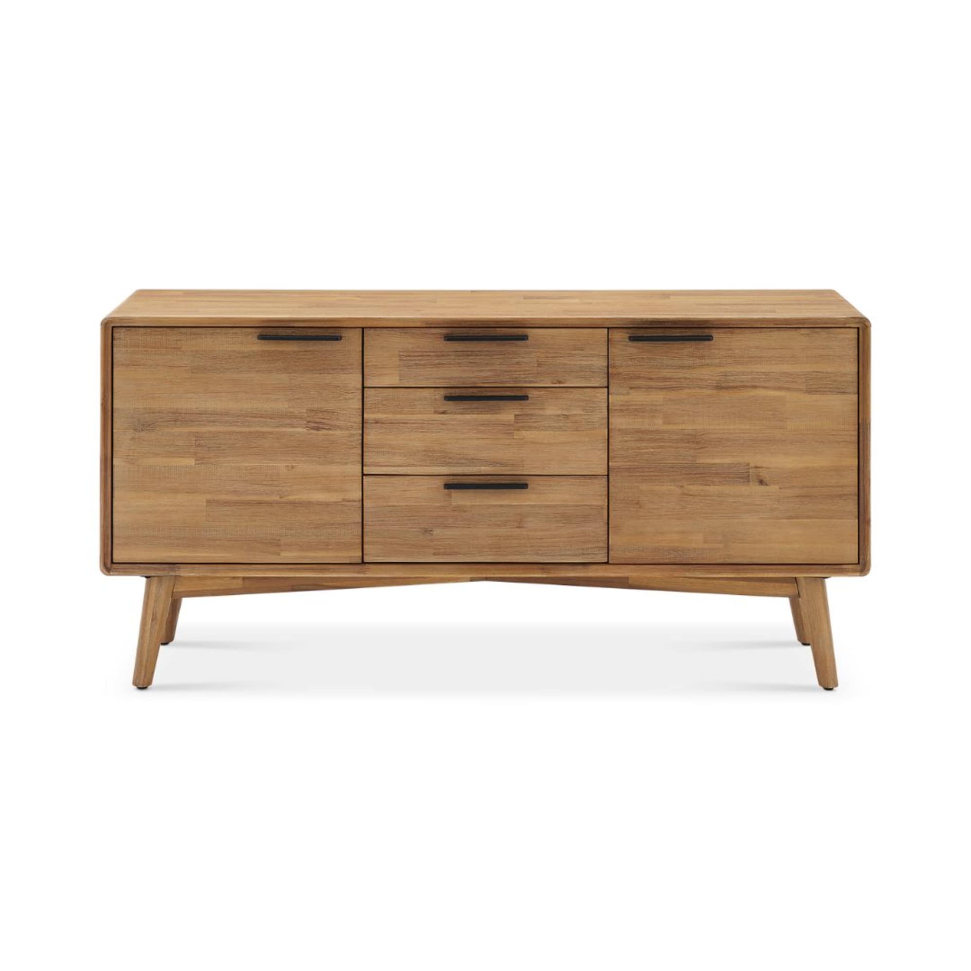 Seb Sideboard made of solid acacia wood, featuring a muted honey tone with a wire-brush distressed finish and black powder-coated handles
