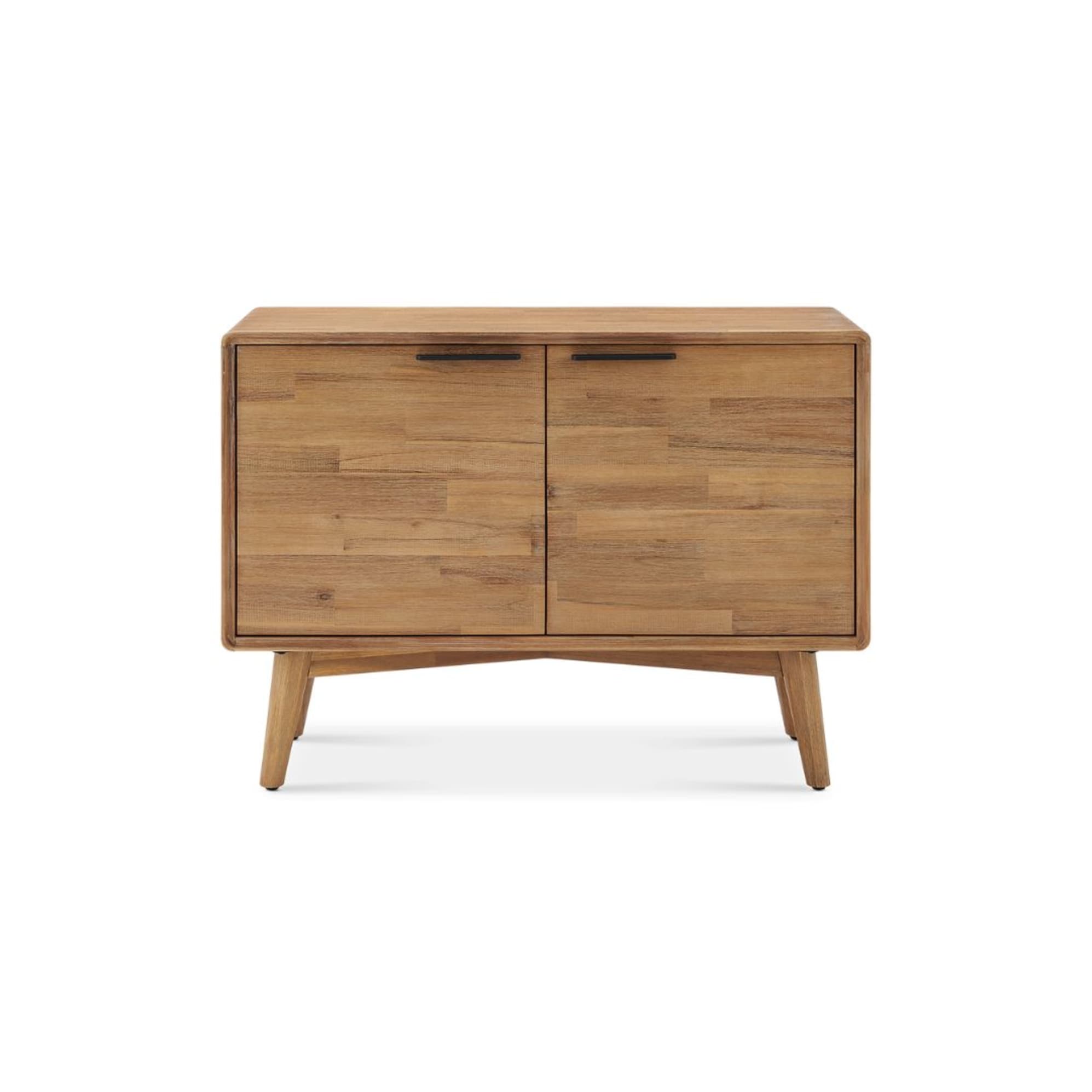 Seb Small Sideboard made of solid acacia wood, featuring a muted honey tone with a wire-brush distressed finish and black powder-coated handles