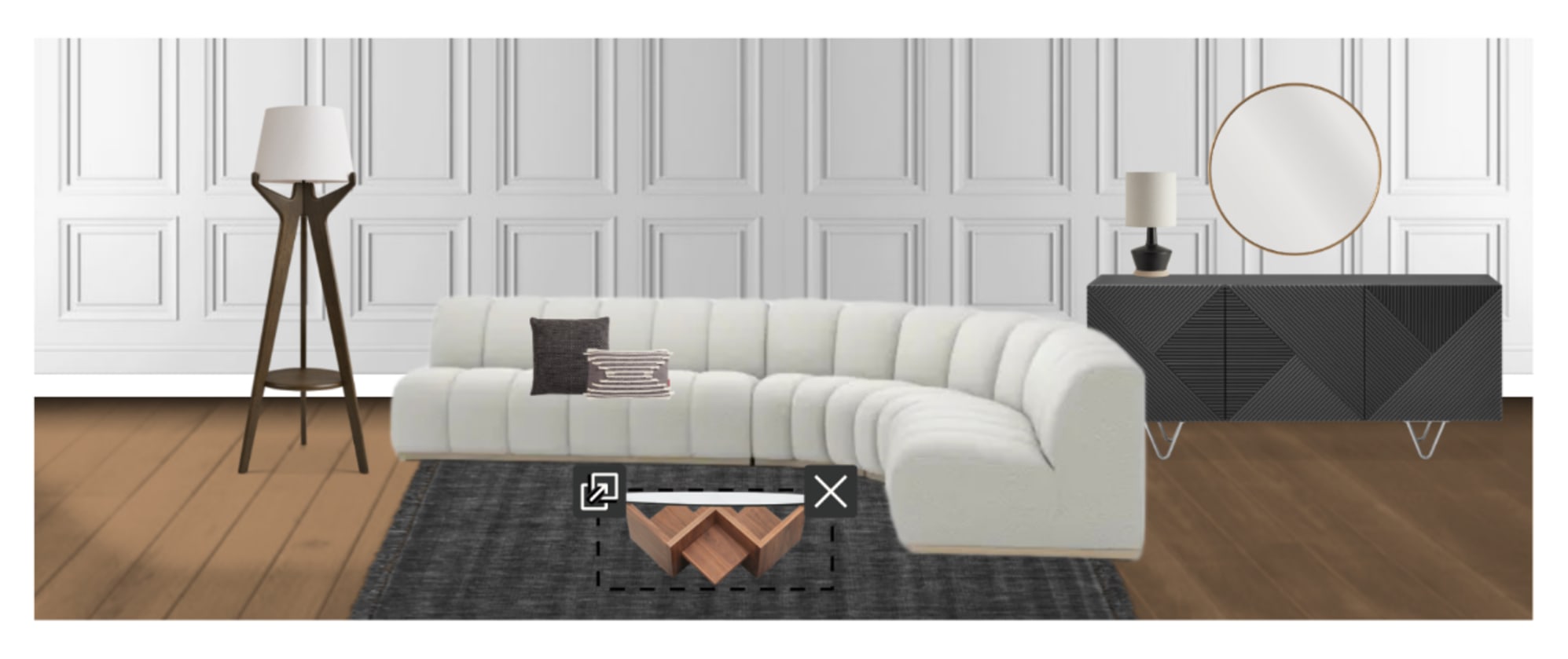 The Marlow Chaise Sectional Sofa on Monet Wool Area Rug, paired with the Cupid Coffee Table and Tate Sideboard, with Karo Tripod Floor Lamp and Nadia Ceramic Table Lamp, in Room Designer