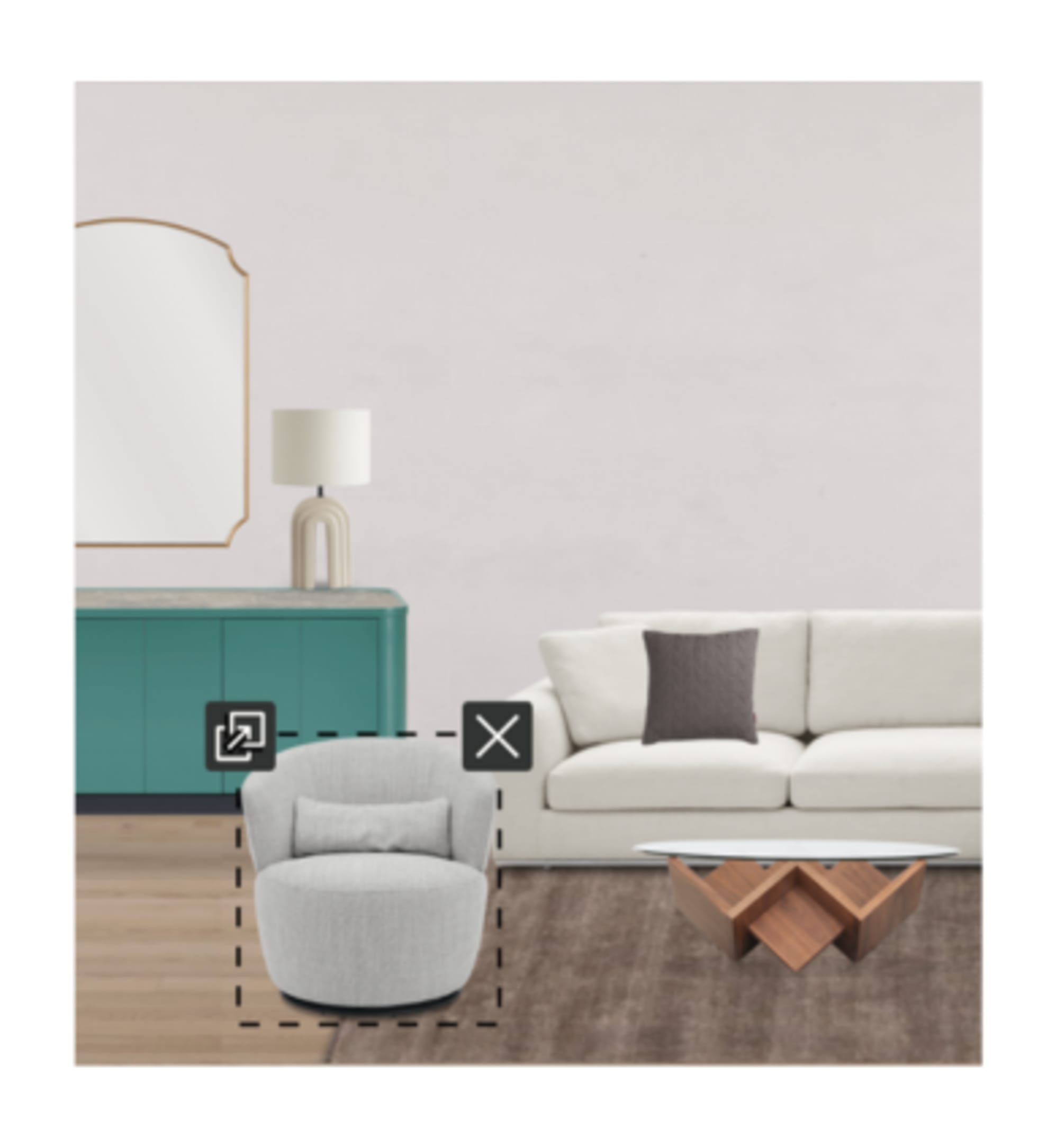 The Hamilton Chaise Sectional Sofa and Amber Swivel Chair on Cora Wool Area Rug, paired with the Cupid Coffee Table, Luna Sideboard, and Blanc Arch Table Lamp in Room Designer