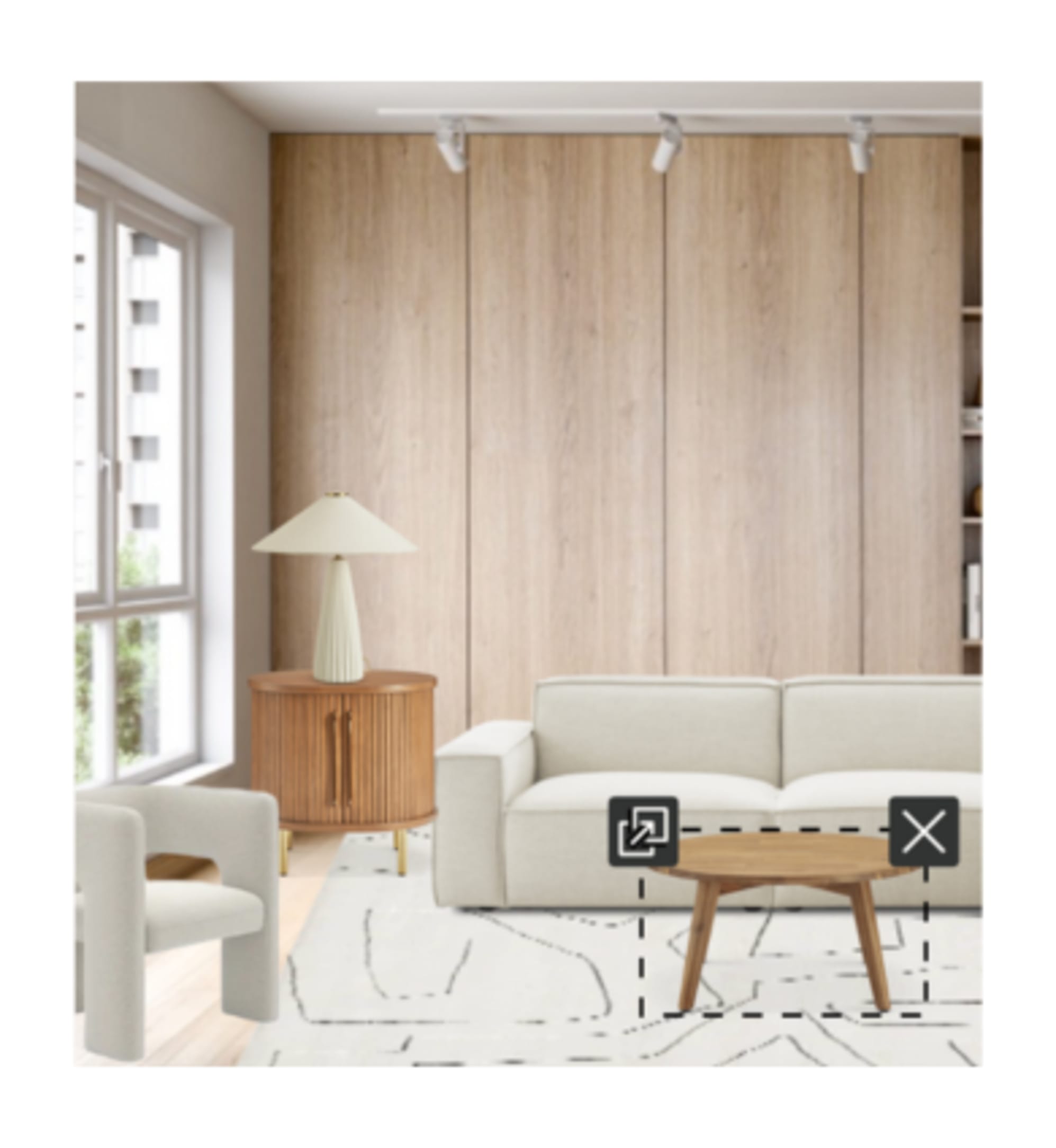 The Jonathan Extended Side Chaise Sectional Sofa on Mira Wool Area Rug, paired with the Paloma Bouclé Armchair, Seb Round Coffee Table and Harper Side Table, and Alba Fluted Table Lamp, in Room Designer