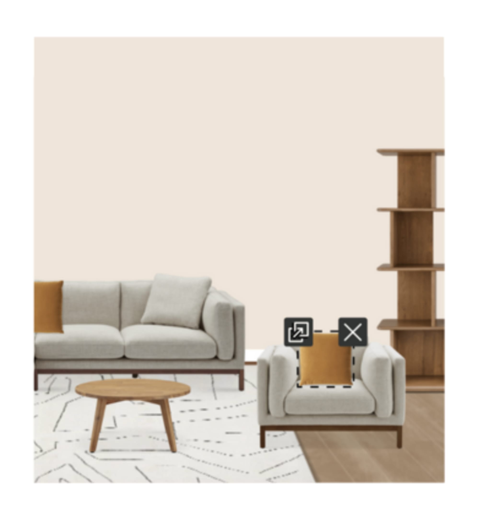 The Owen Chaise Sectional Sofa and Owen Armchair, paired with the Seb Coffee Table, Kinsley Bookshelf, Mira Area Rug, and Luna Mirror in Room Designer