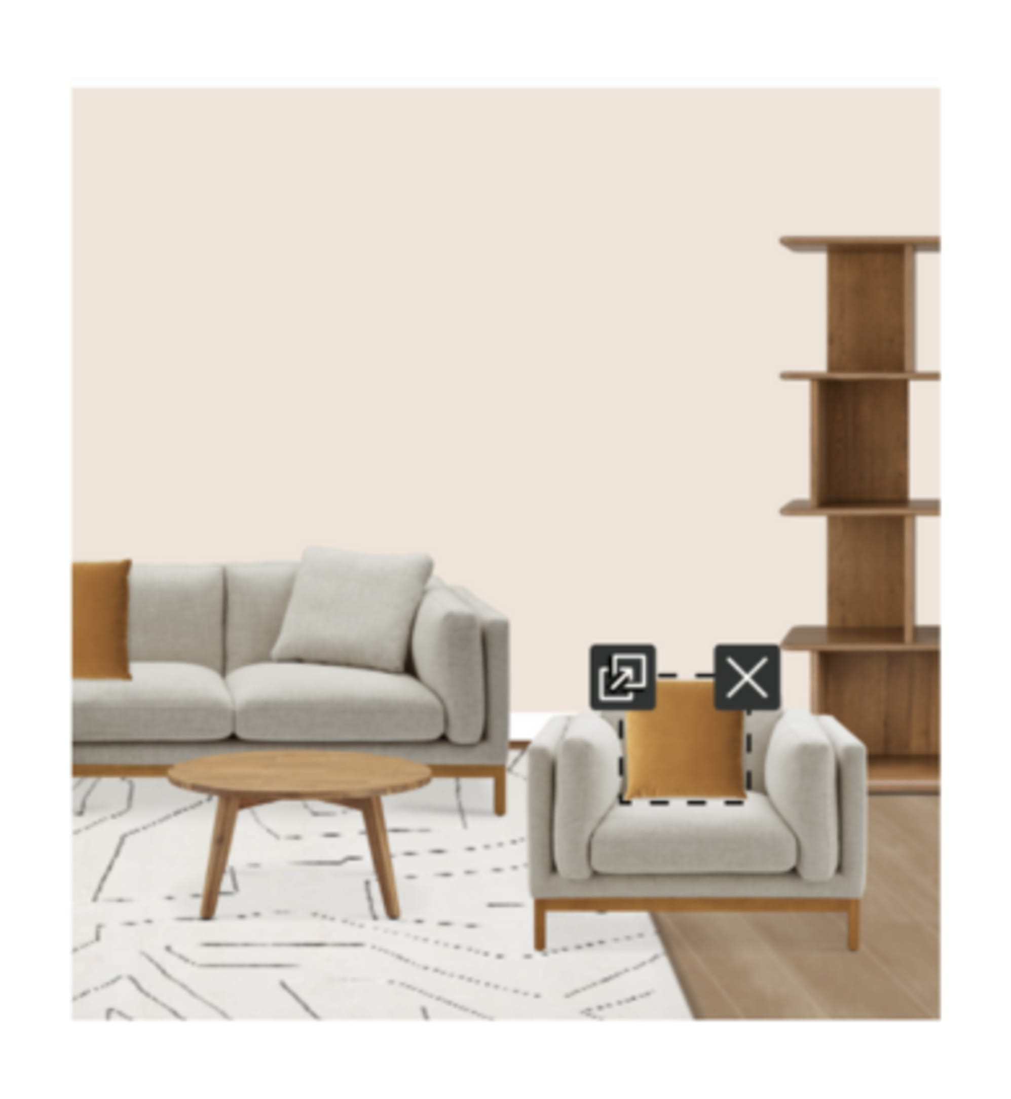 The Owen Chaise Sectional Sofa and Owen Armchair, paired with the Seb Coffee Table, Kinsley Bookshelf, Mira Area Rug, and Luna Mirror, in Room Designer