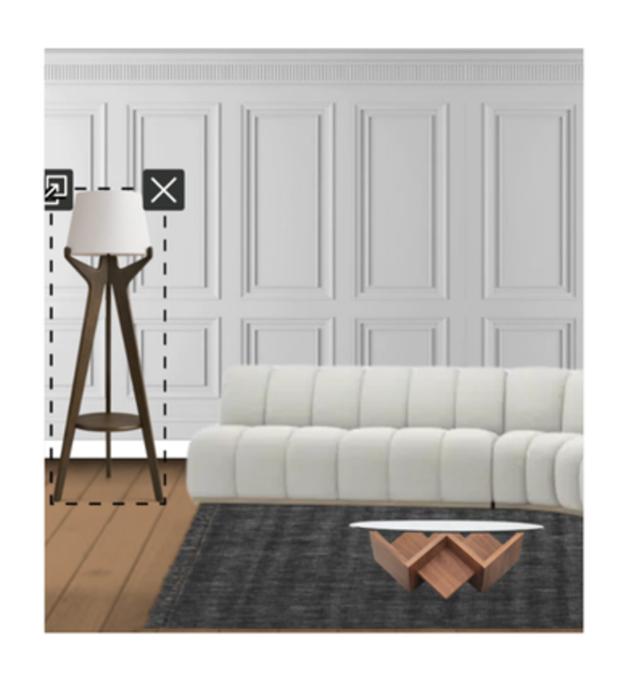 The Marlow Chaise Sectional Sofa on Monet Wool Area Rug, paired with the Cupid Coffee Table and Tate Sideboard, with Karo Tripod Floor Lamp and Nadia Ceramic Table Lamp, in Room Designer