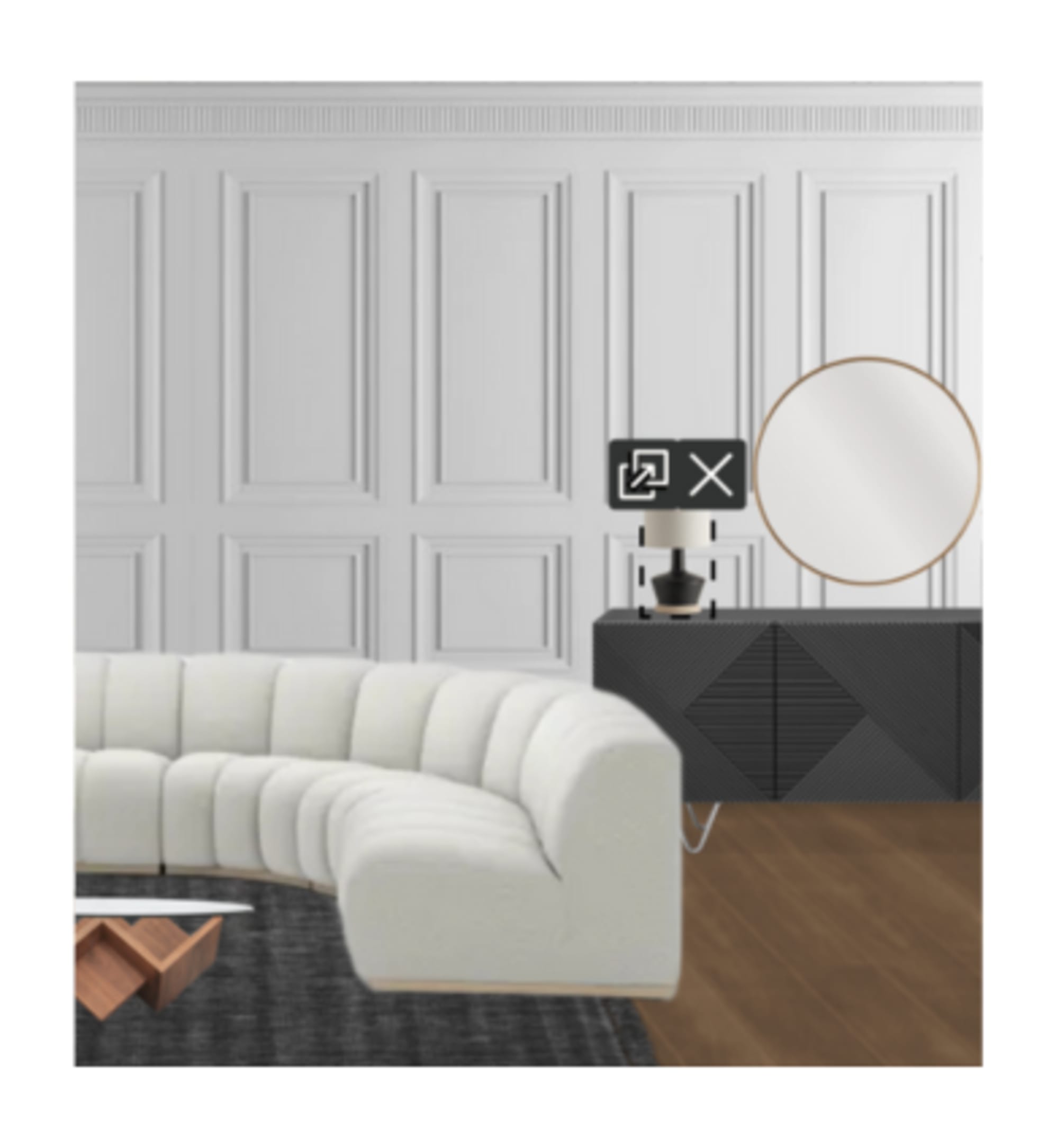 The Marlow Chaise Sectional Sofa on Monet Wool Area Rug, paired with the Cupid Coffee Table and Tate Sideboard, with Karo Tripod Floor Lamp and Nadia Ceramic Table Lamp, in Room Designer