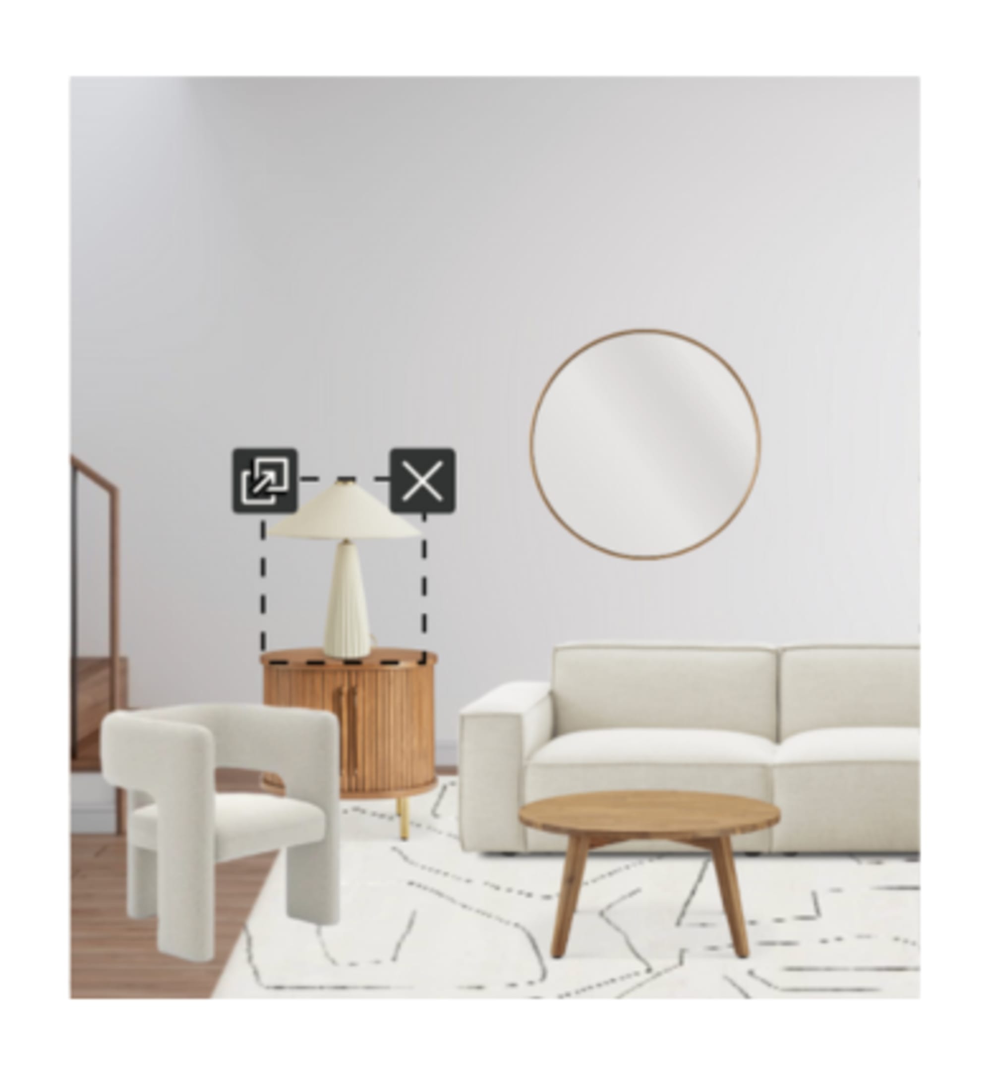 The Jonathan Extended Side Chaise Sectional Sofa on Mira Wool Area Rug, paired with the Paloma Bouclé Armchair, Seb Round Coffee Table and Harper Side Table, with Blanc Arched Table Lamp and Aria Wall Mirror, in Room Designer