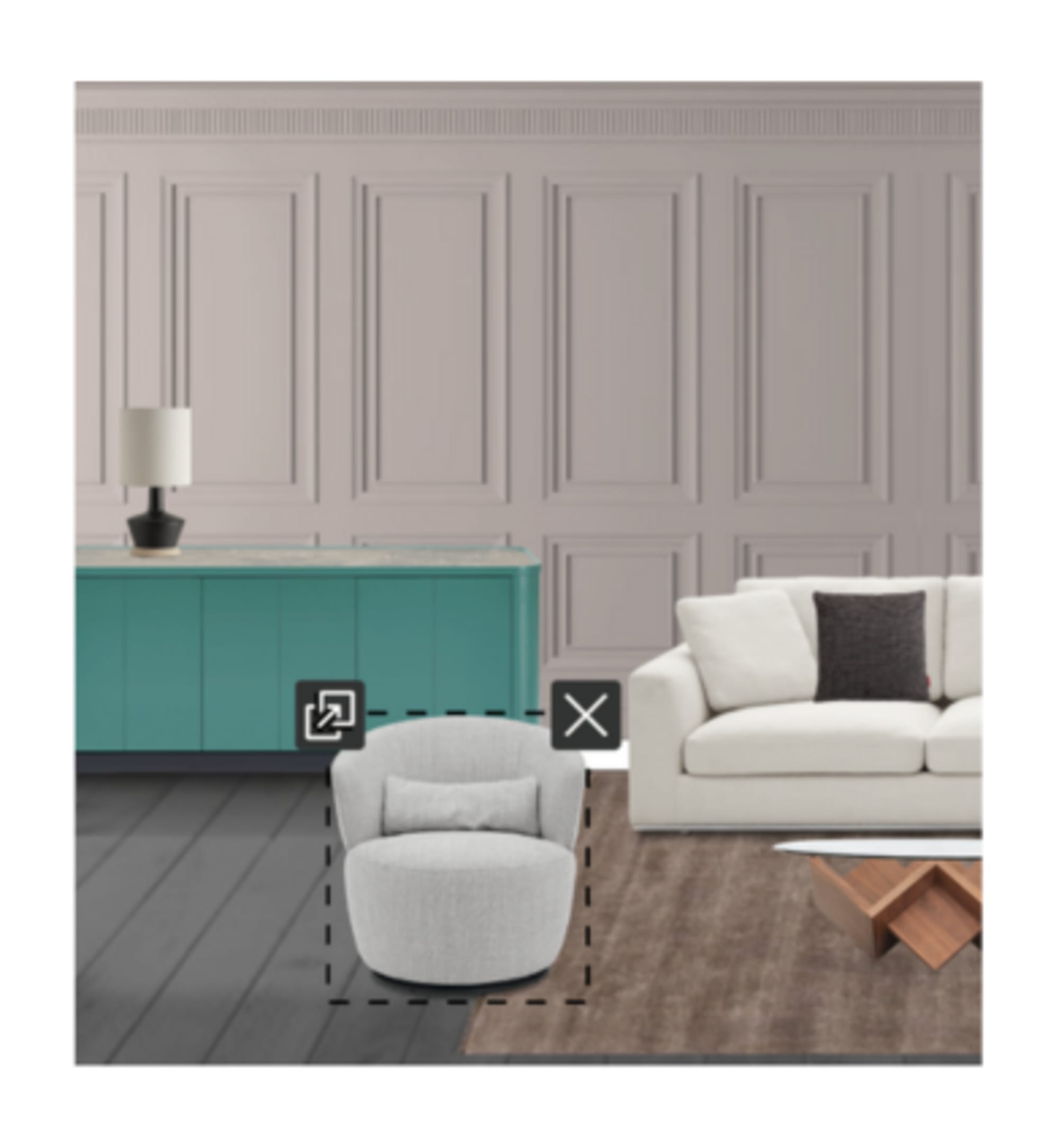 The Hamilton Chaise Sectional Sofa and Amber Swivel Chair on Cora Wool Area Rug, paired with the Cupid Coffee Table, Luna Sideboard, Karo Tripod Floor Lamp, and Burgeon Marble Table Lamp in Room Designer