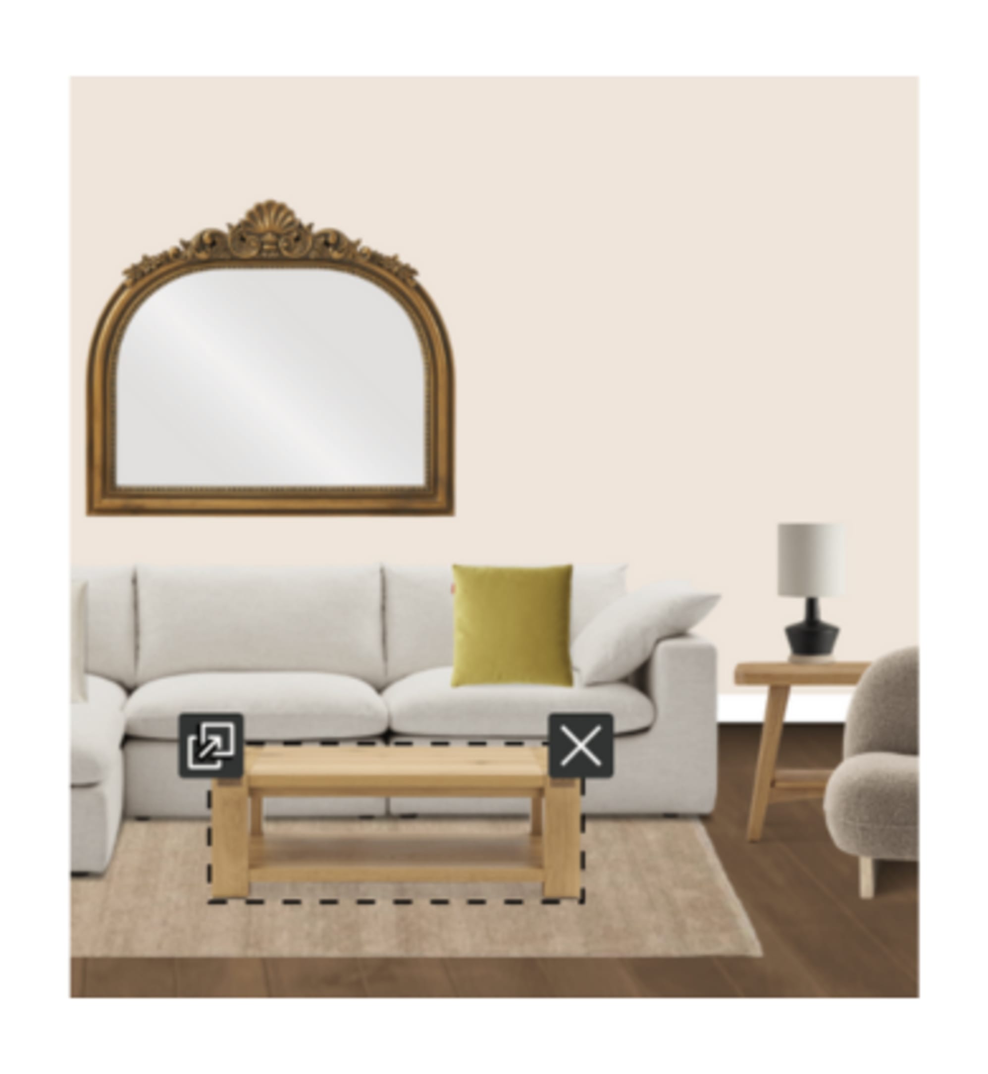 The Dawson Chaise Sectional Sofa paired with the Peri Coffee Table and Tate Sideboard on Abanna Wool Area Rug, Nadia Ceramic Table Lamp and, Aria Round Wall Mirror, in Room Designer